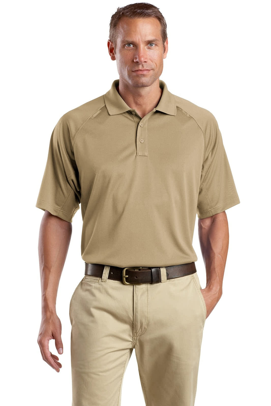 A khaki polo shirt with short sleeves, featuring a collar and a logo, paired with light trousers.