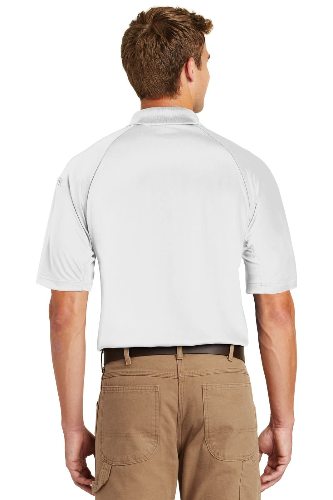 A white snag-proof polo shirt viewed from the back, featuring short sleeves and a plain design.