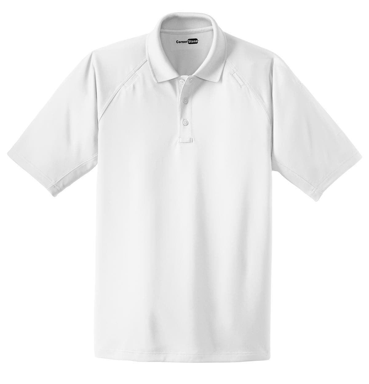 A white snag-proof tactical polo shirt featuring a collar and a logo on the chest.