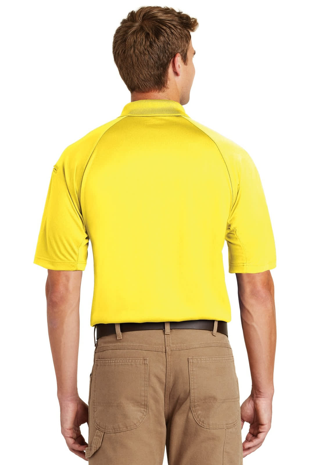 A yellow snag-proof tactical polo shirt with a short sleeve design and a logo on the back.