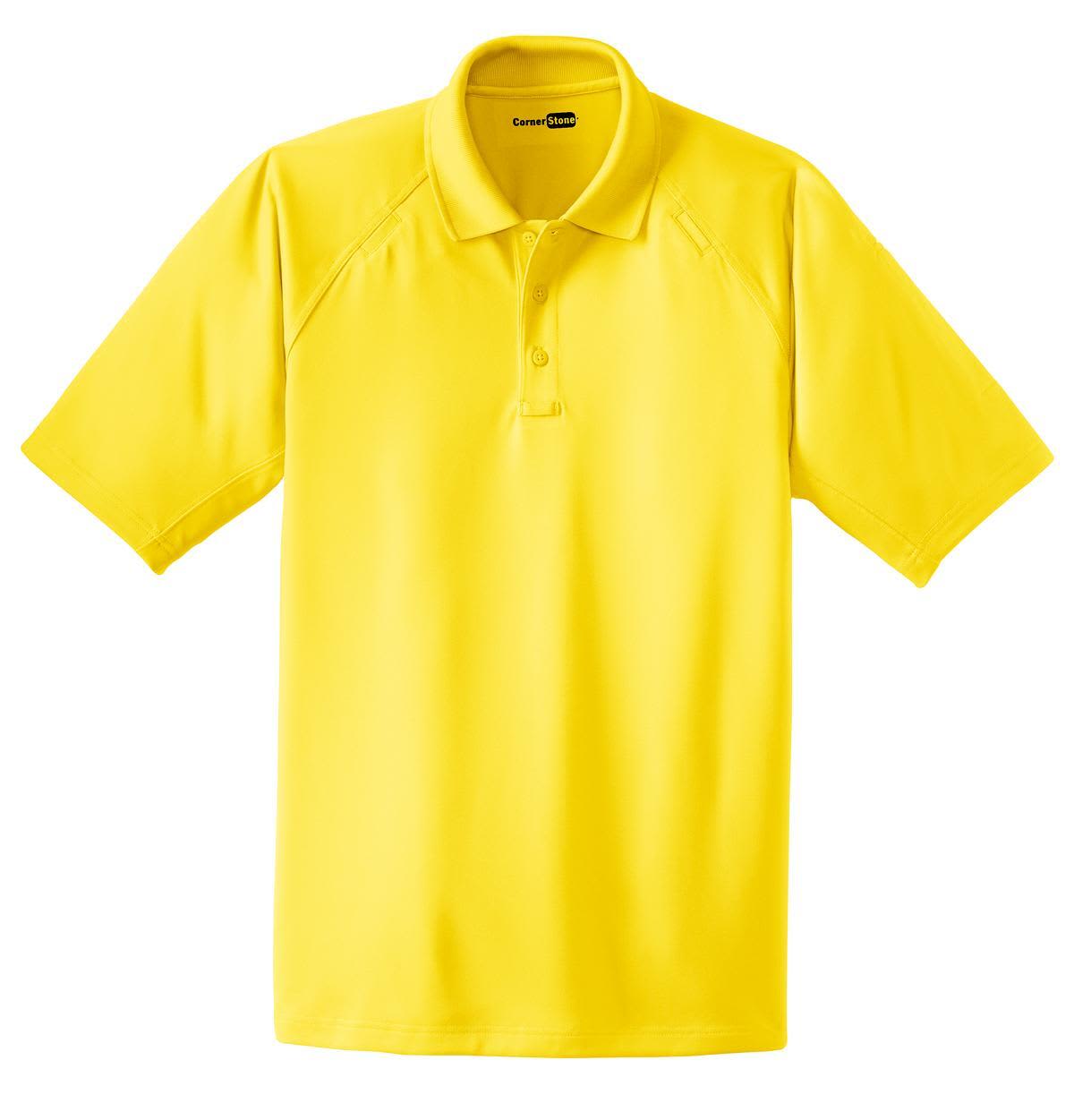 A bright yellow polo shirt with short sleeves, featuring a collar and a logo.