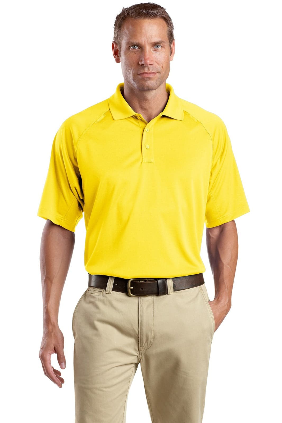 A yellow snag-proof tactical polo shirt with a collar and short sleeves, featuring a subtle logo.