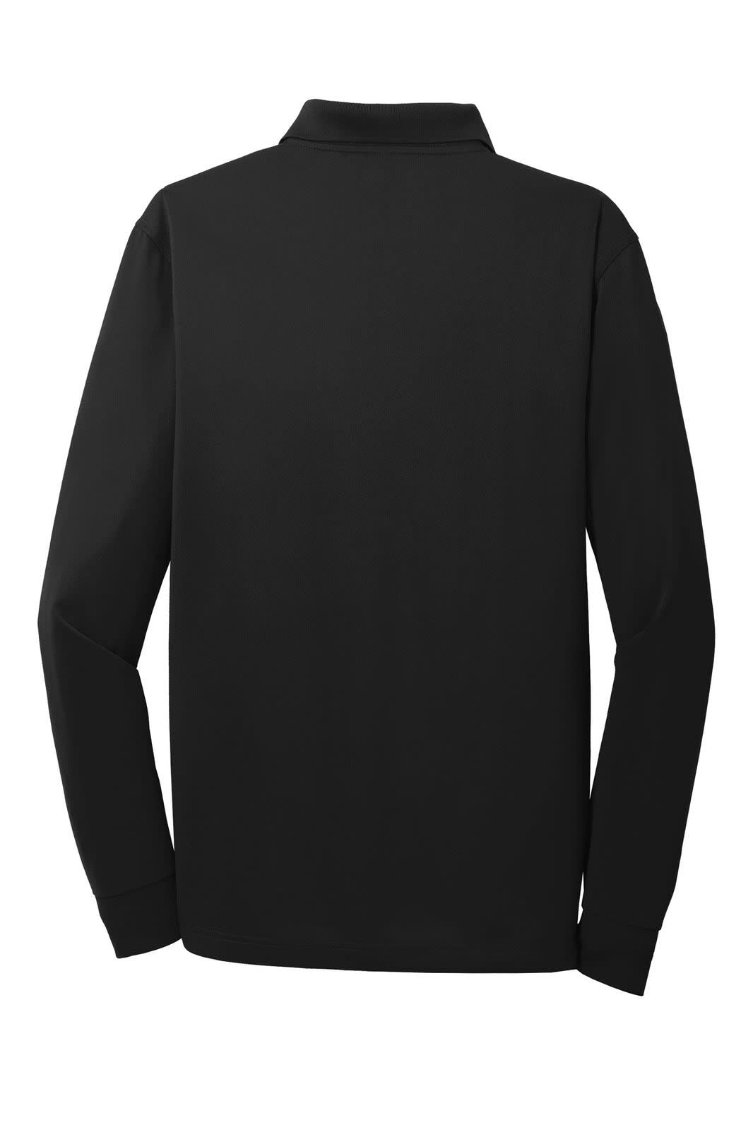A black long sleeve polo shirt with a collared neck and long sleeves, featuring a branding logo.