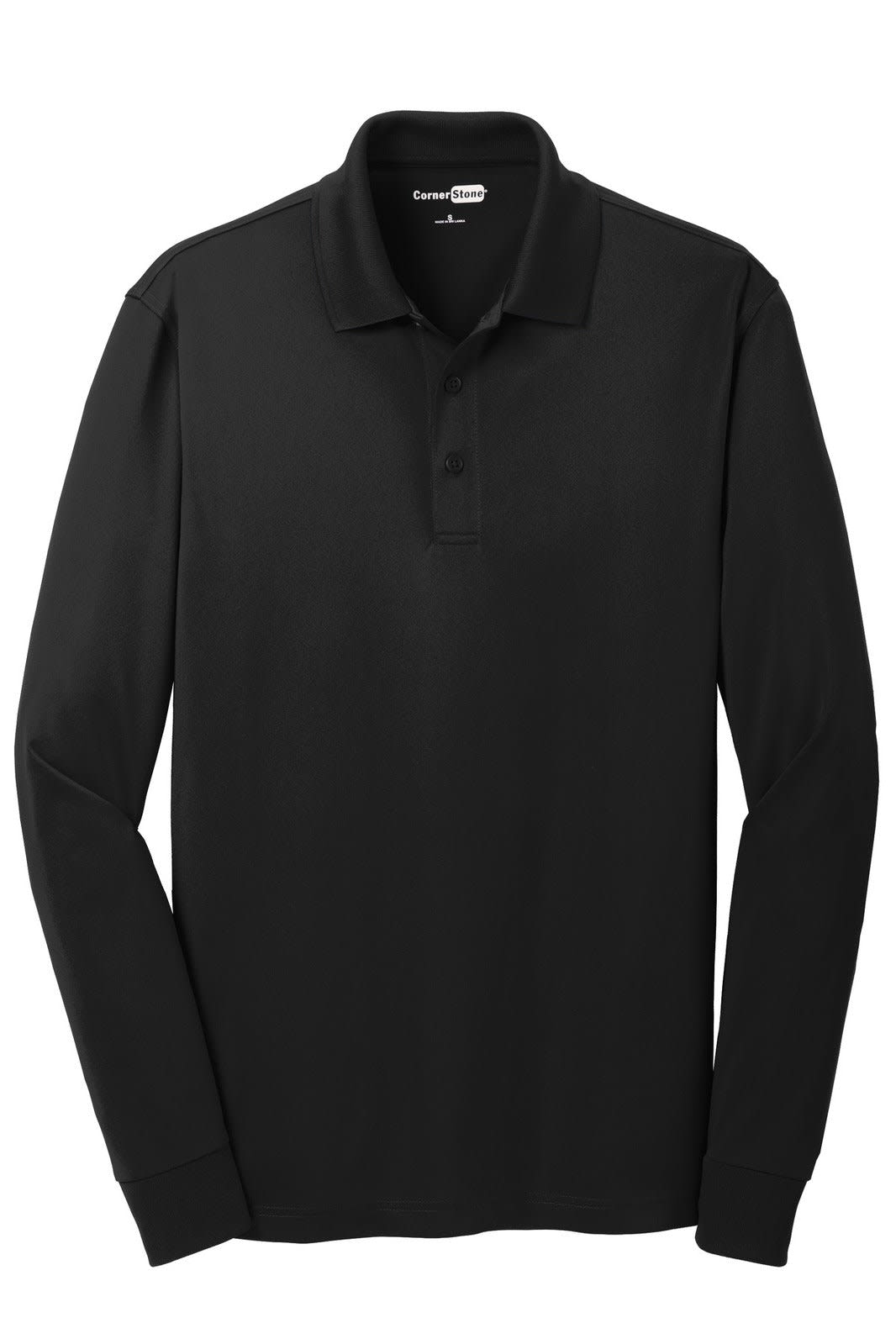 A long sleeve polo shirt in black featuring a collar and three buttons, with a logo on the label.