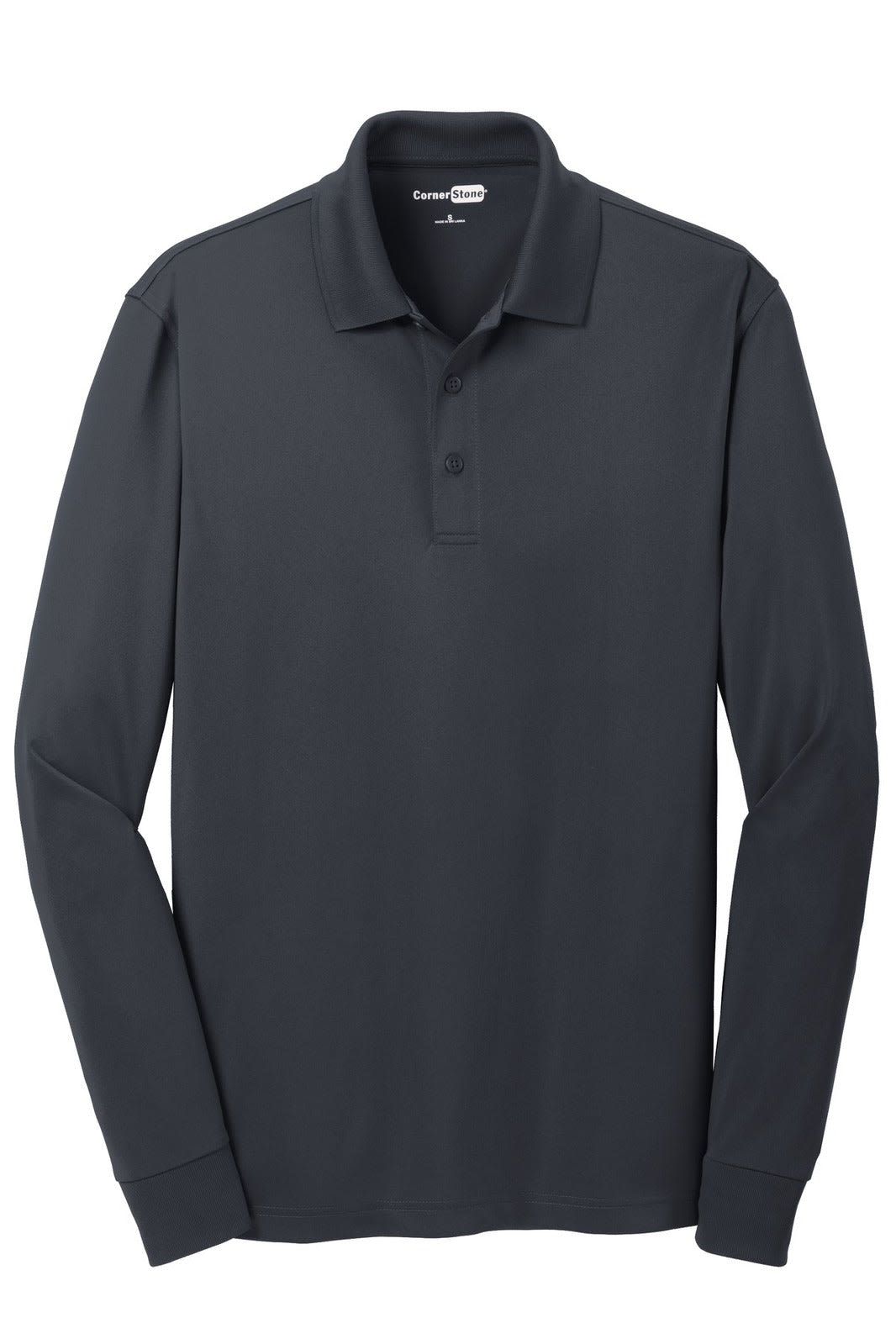 A dark grey long sleeve polo shirt with a collar and a logo. Designed to be snag-proof.