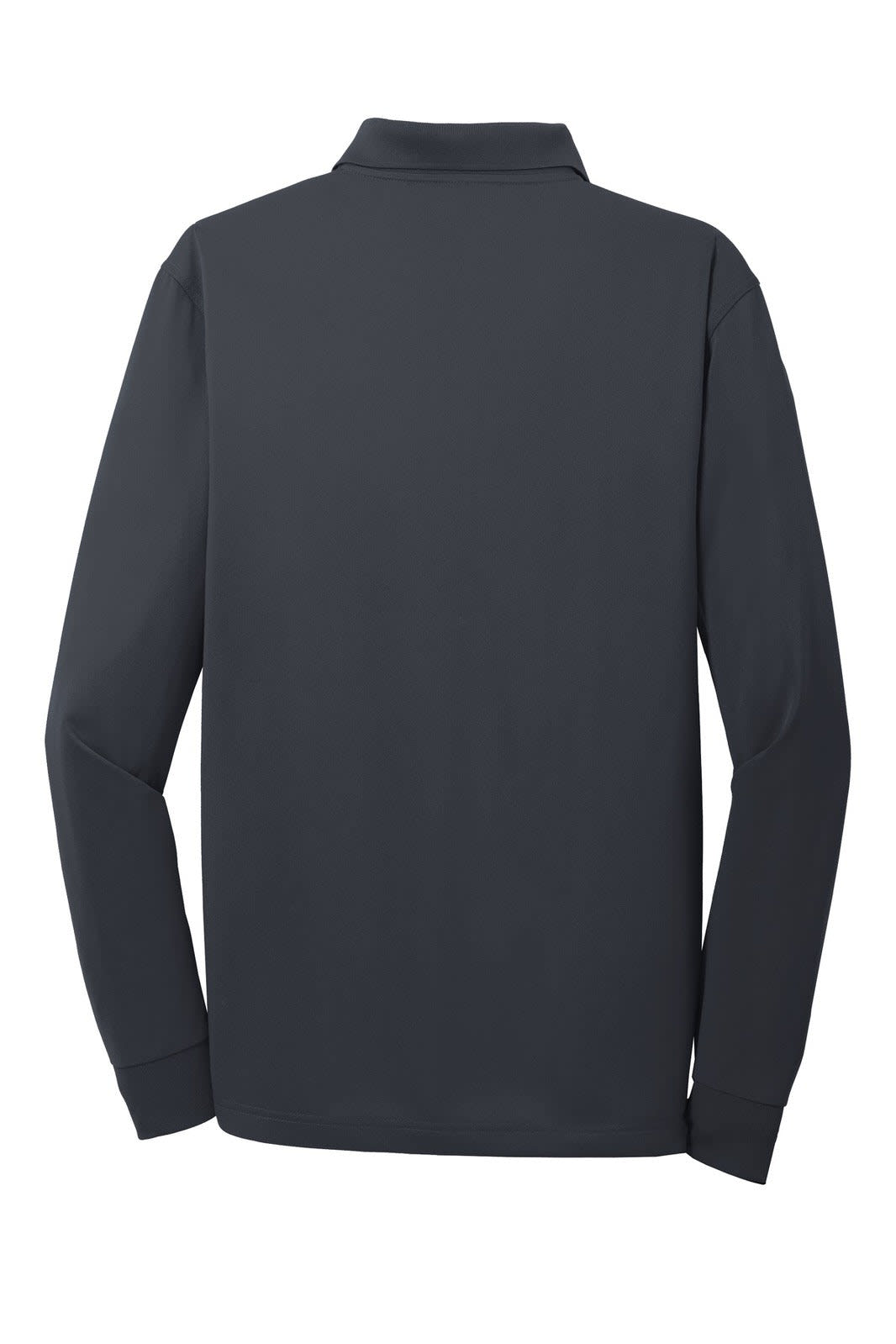 A dark navy long sleeve polo shirt with a classic collar and no visible design on the back. It features a logo on the front.