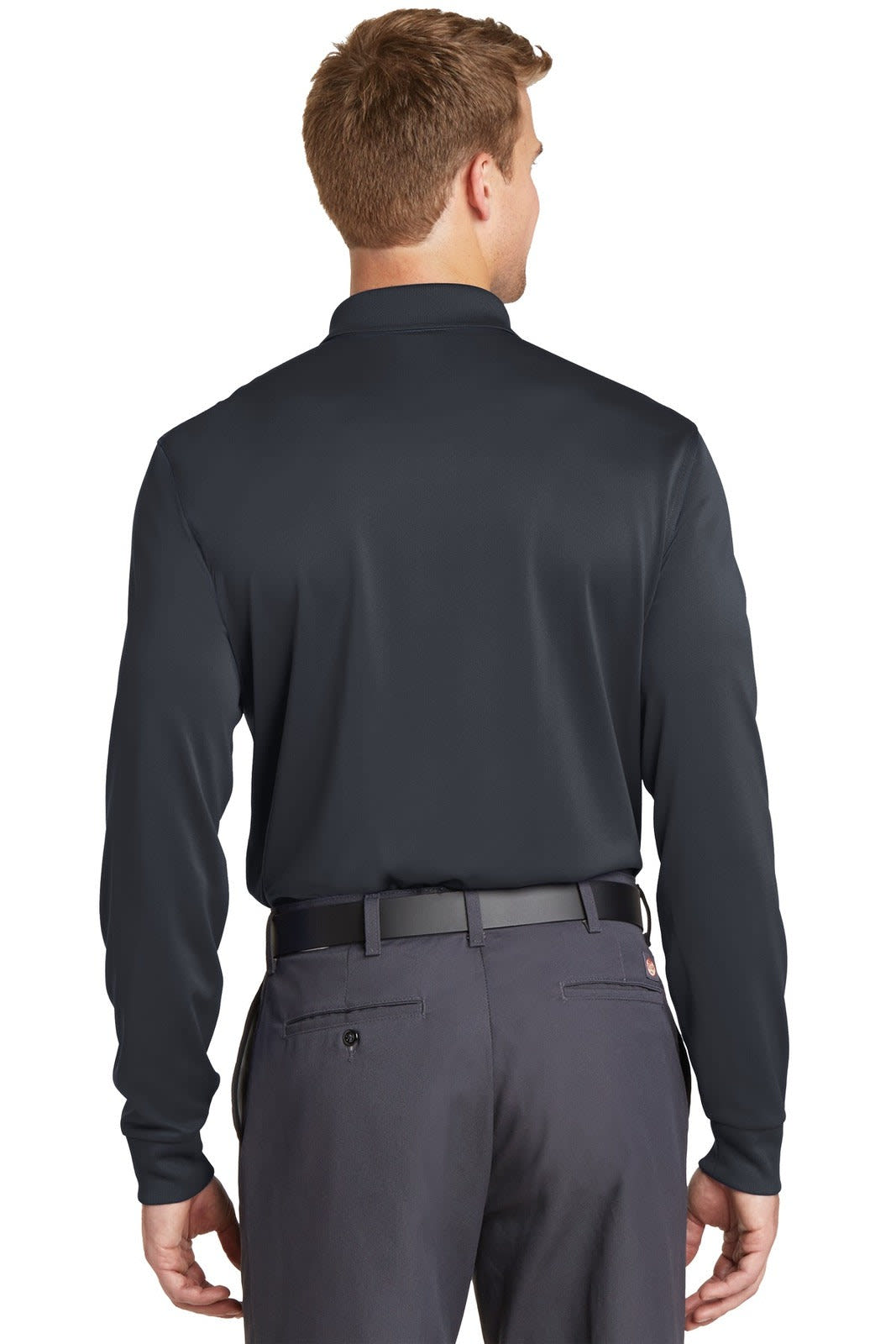 A long sleeve polo shirt in black, featuring a sleek design and a logo on the back.