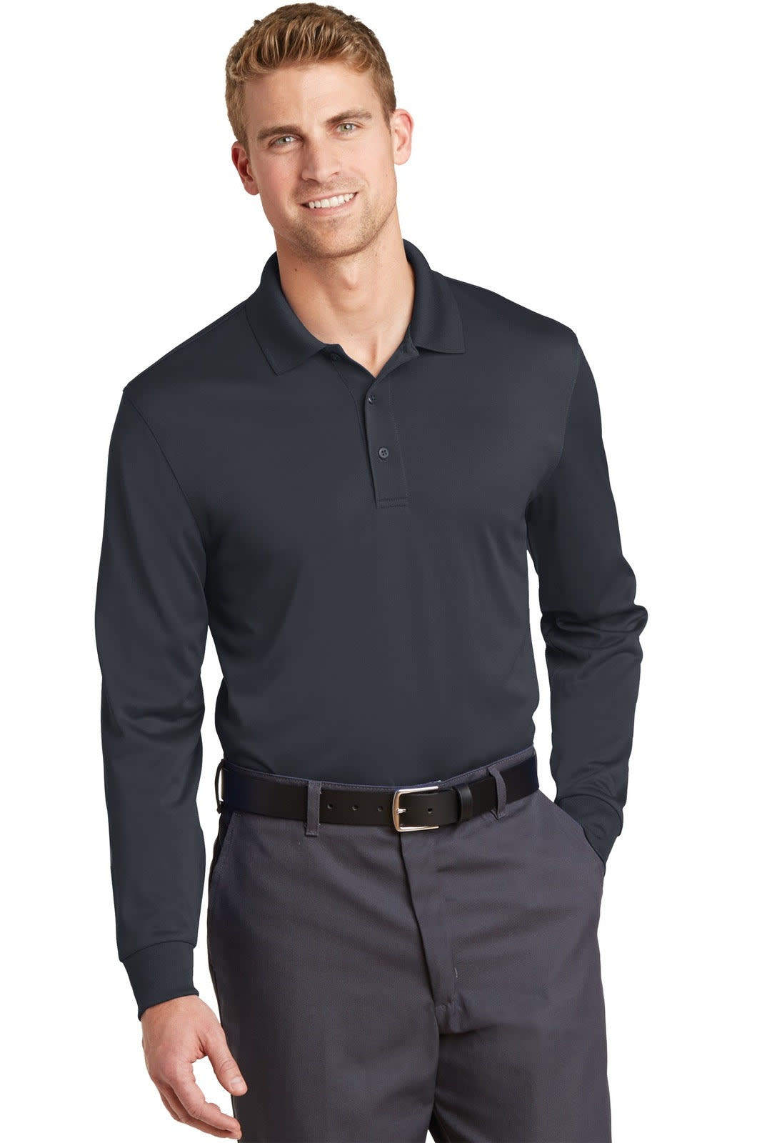 A long sleeve polo shirt in navy blue, featuring a collar and a logo on the chest, worn by a male model.
