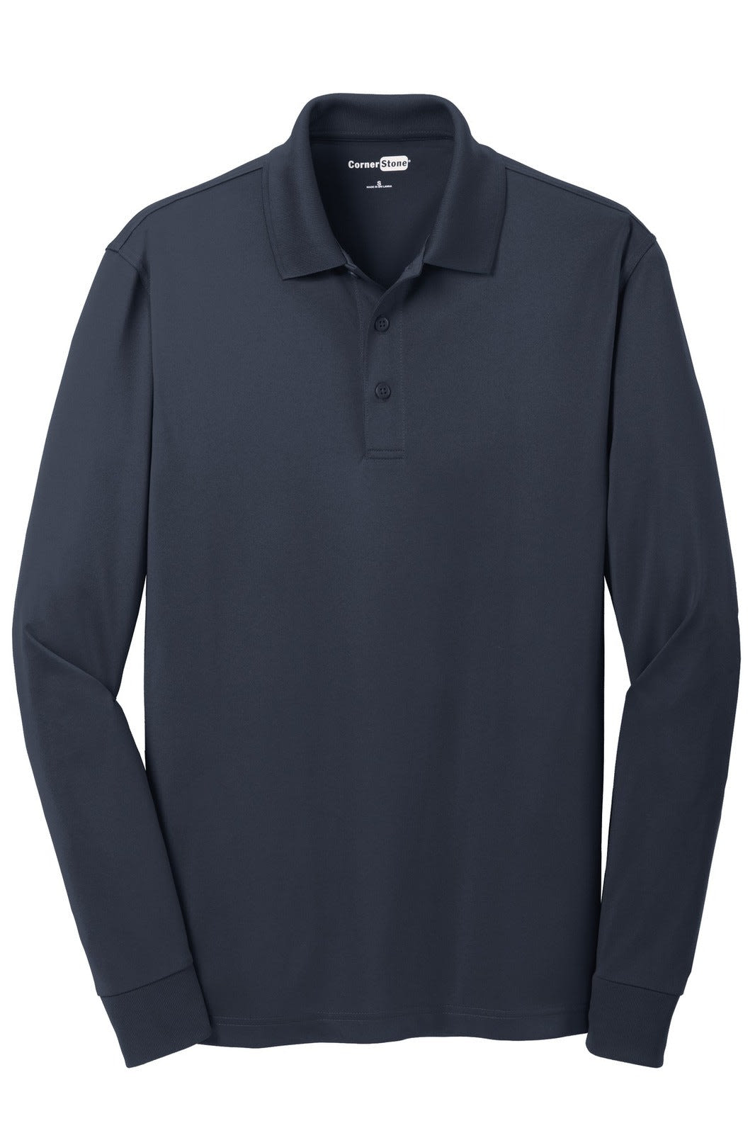 A navy long sleeve polo shirt with a collar and three buttons, featuring a logo on the chest.