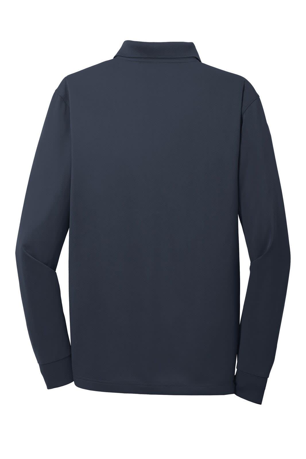 A navy long sleeve polo shirt featuring a collar and a logo on the back.