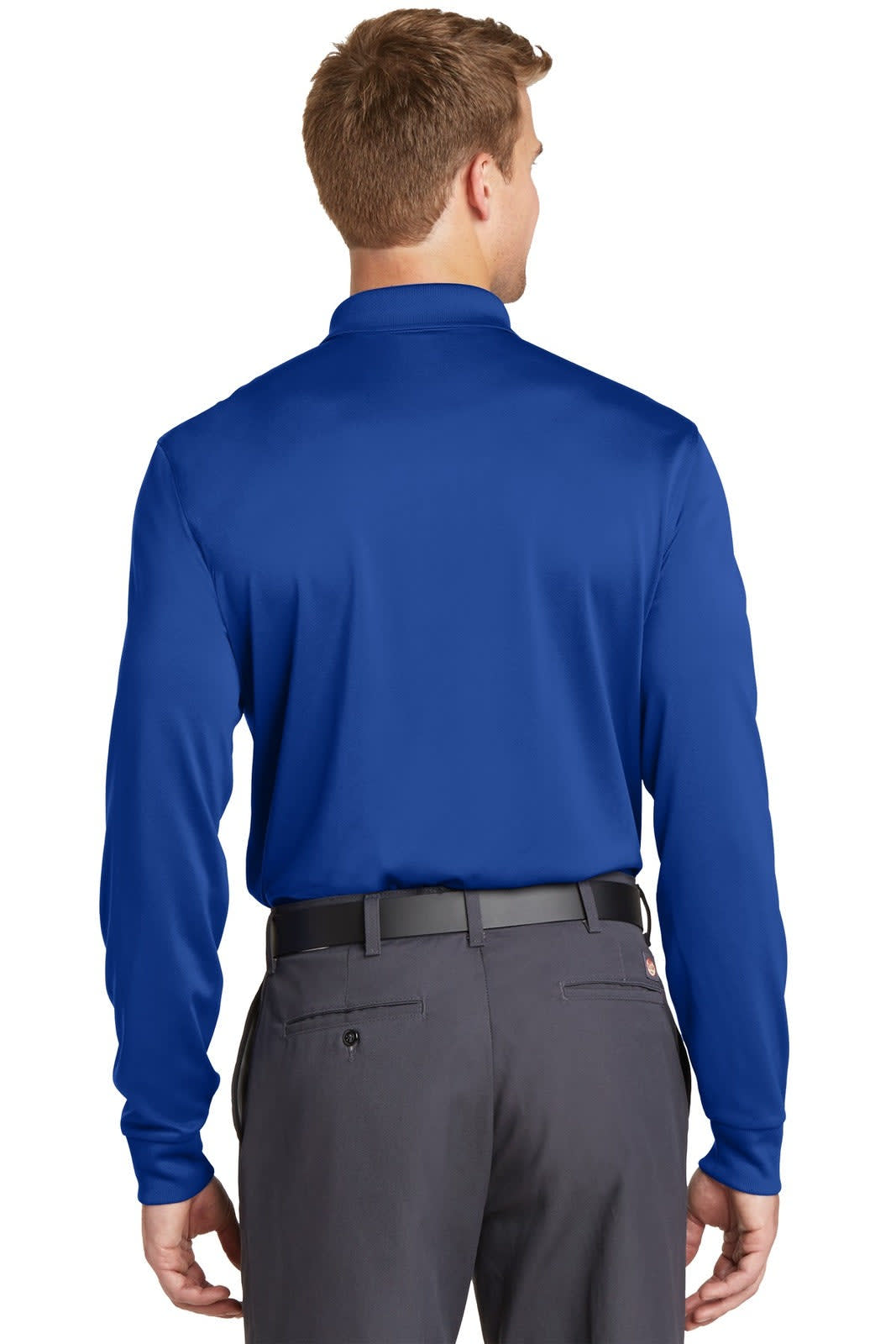 A person wearing a blue long sleeve polo shirt, featuring a collar and a branded logo on the back.