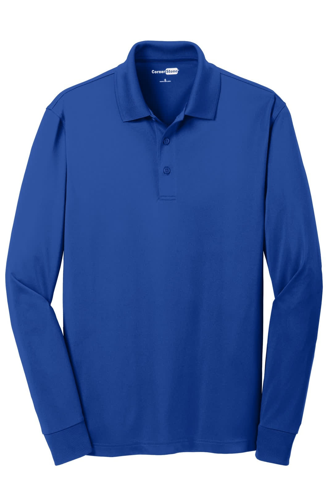 A long sleeve polo shirt in a solid blue colour featuring a collar and a logo.