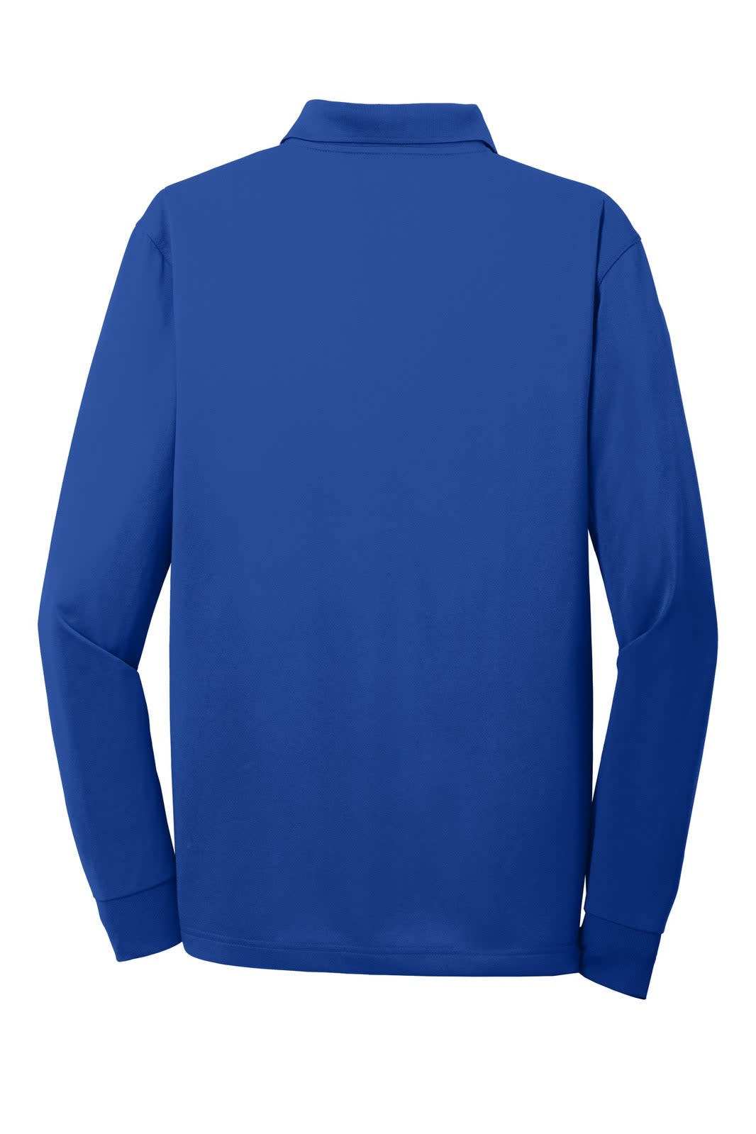 A long sleeve polo shirt in blue with a plain back and a collar, featuring a logo on the front.