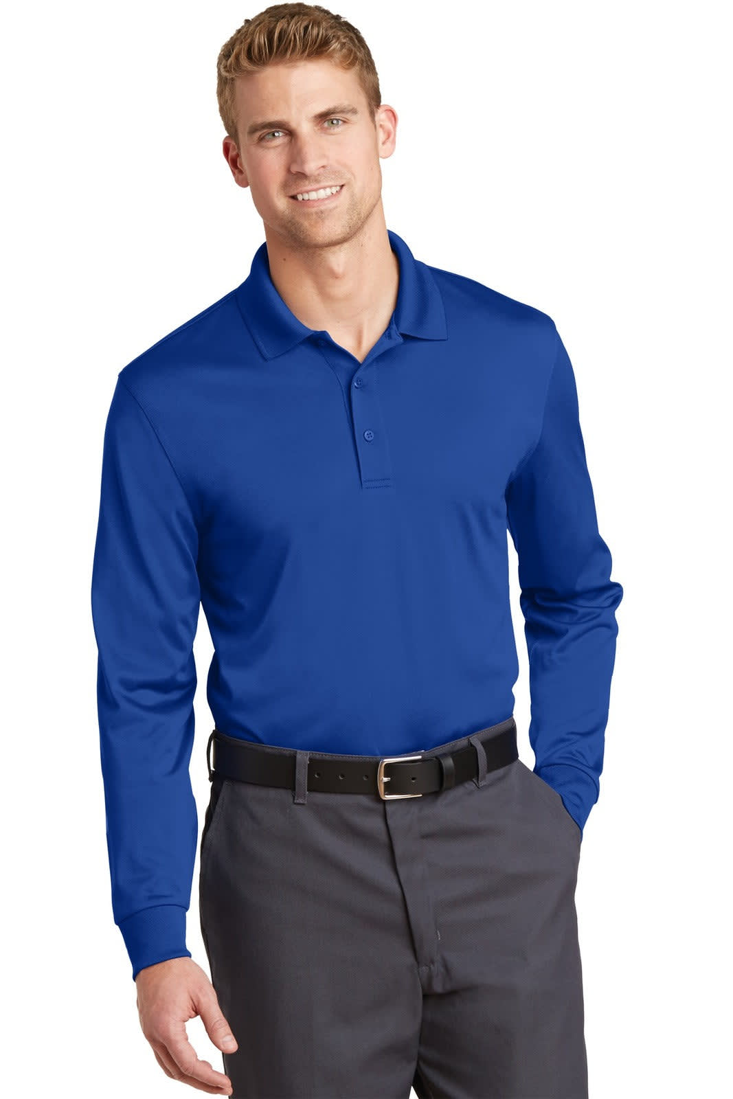 A long sleeve polo shirt in bright blue, featuring a collar and a logo on the chest.