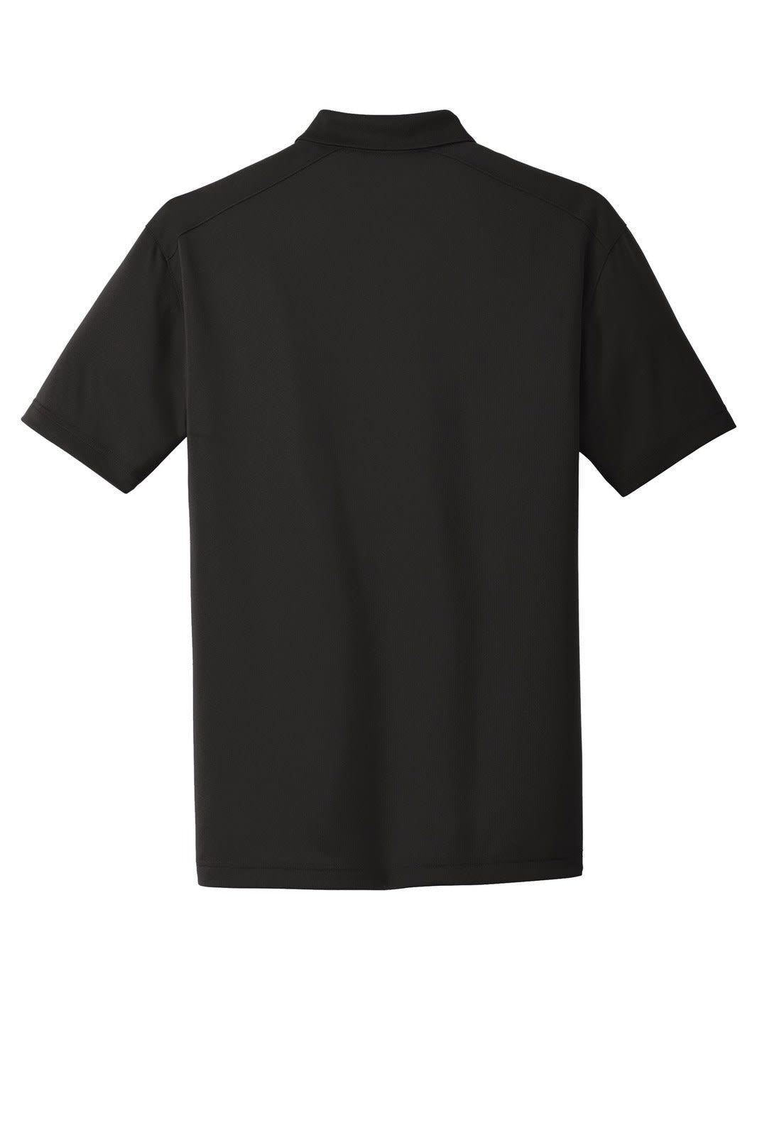 A black lightweight polo shirt with a collar, featuring a logo on the back.