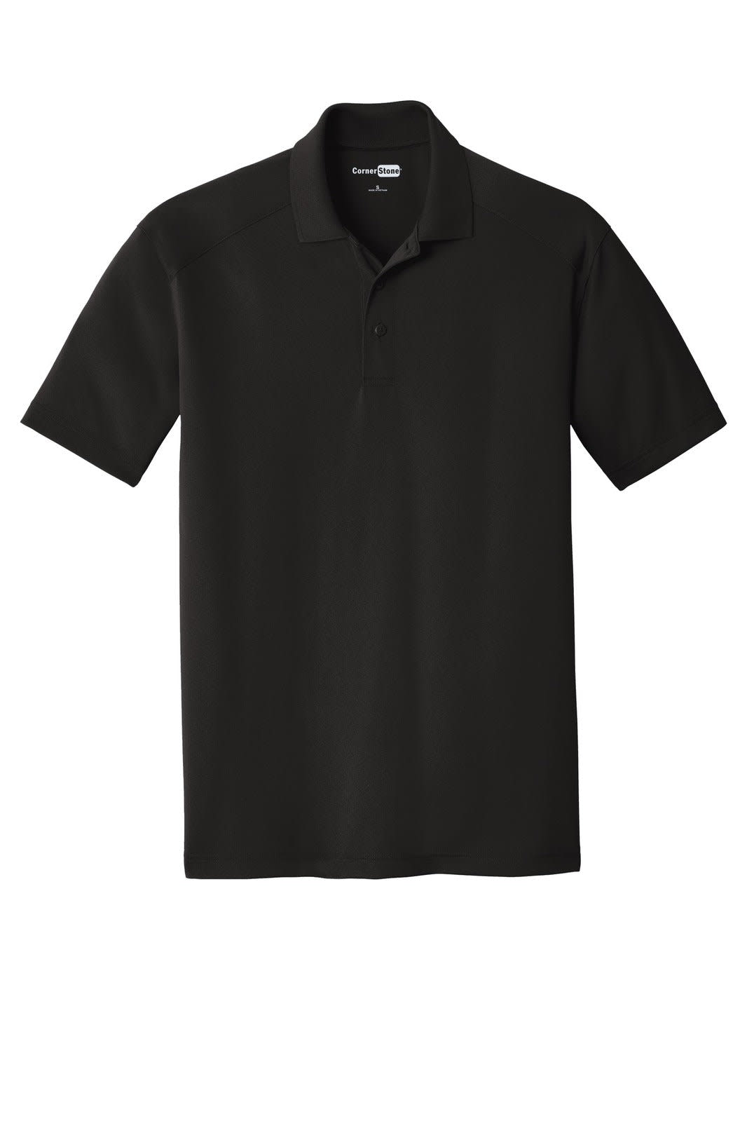 A black lightweight snag-proof polo shirt with a classic collar and a logo. Ideal for workwear.