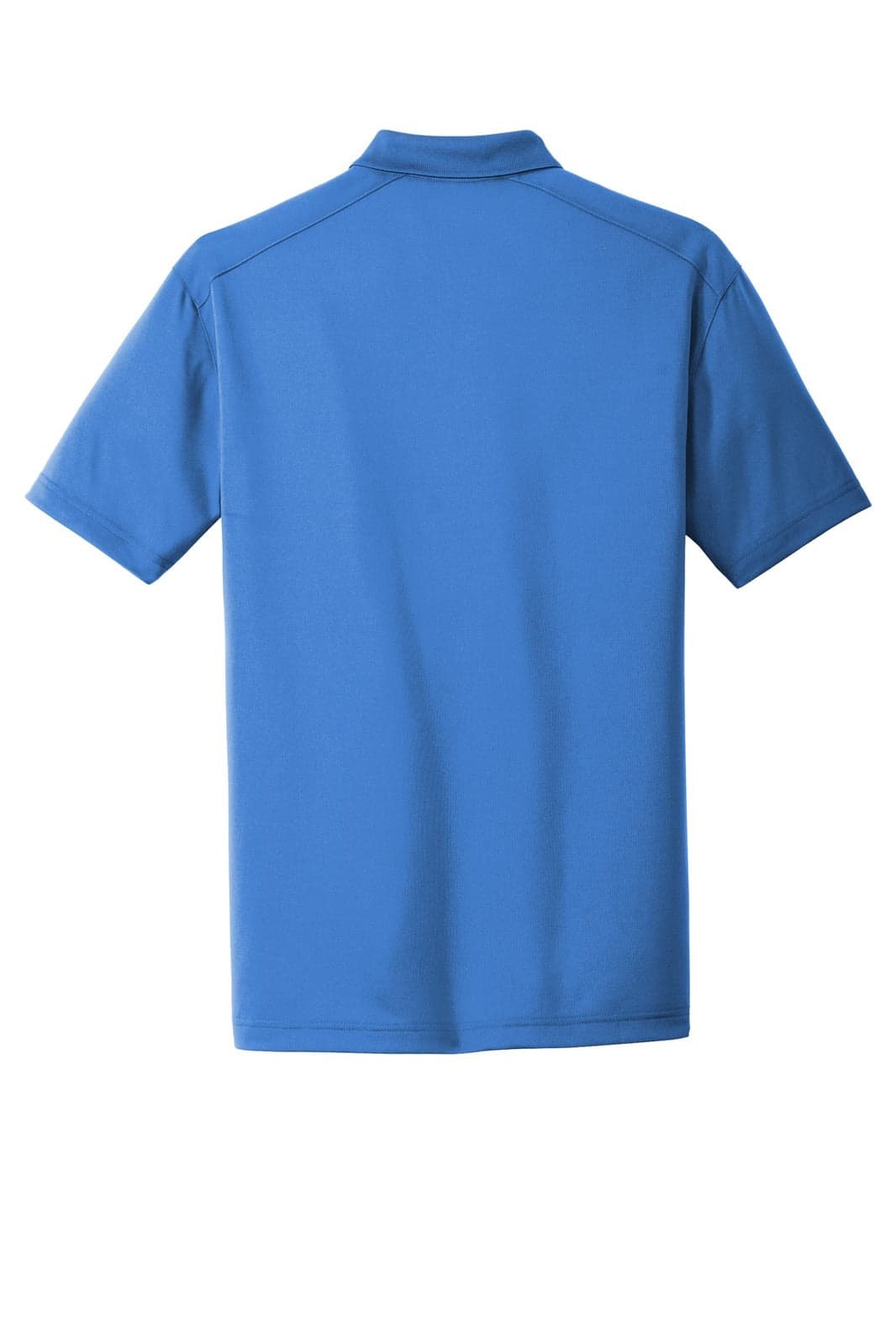 A blue lightweight polo shirt with a snag-proof finish and a logo on the back.