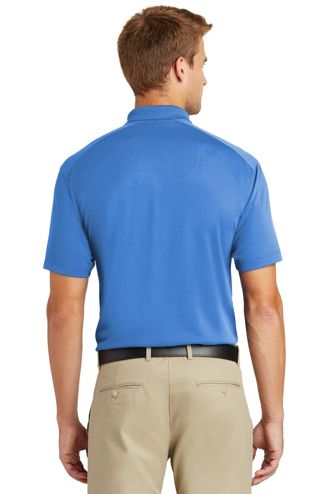 A lightweight snag-proof polo shirt in blue, viewed from the back, paired with beige trousers. Features a logo.