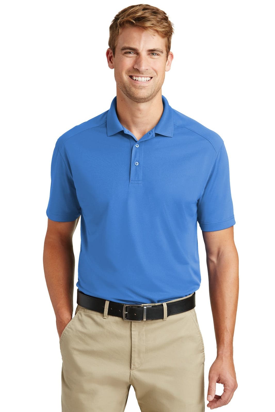A lightweight snag-proof polo shirt in blue, featuring a collar and buttons, worn by a smiling man.