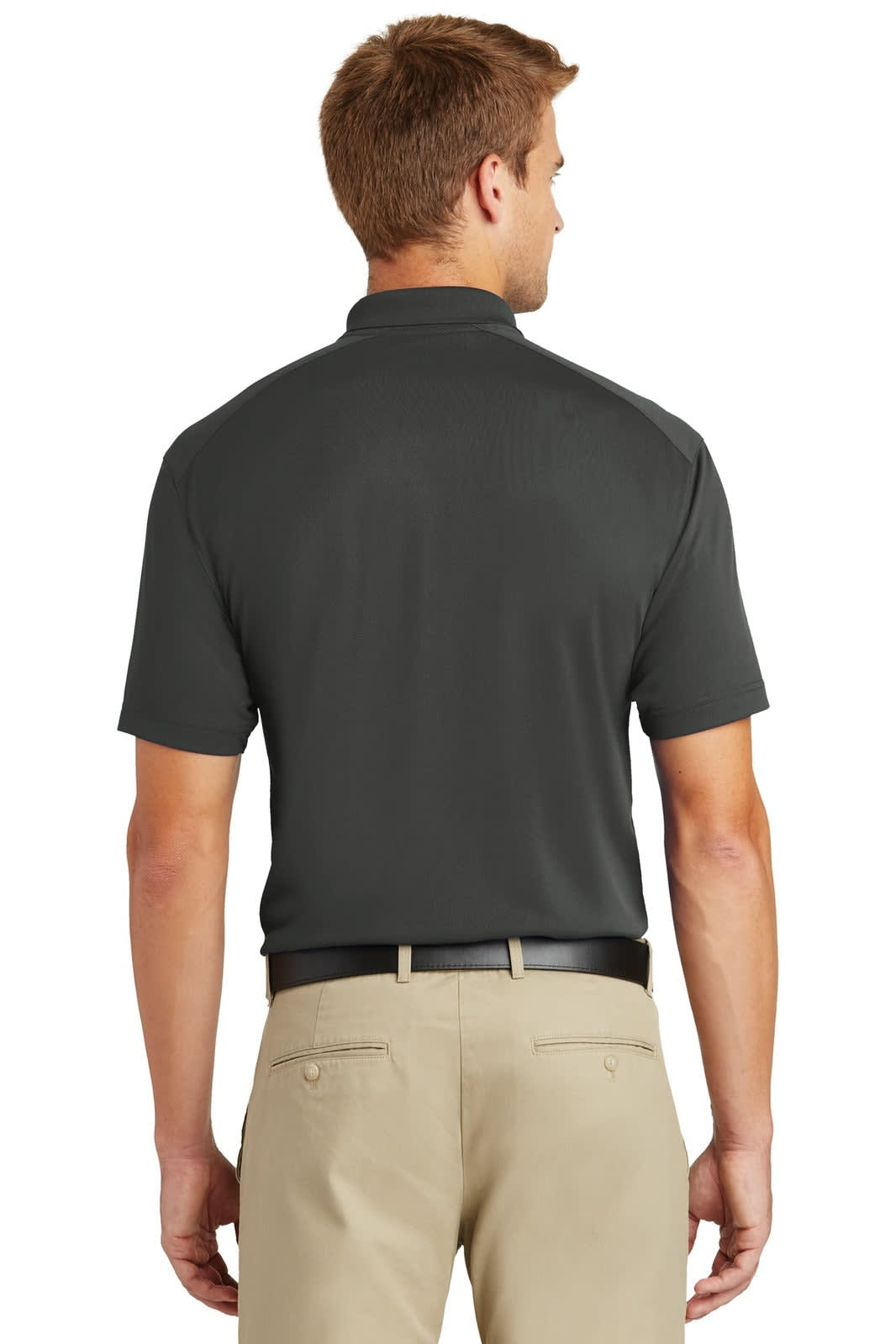 A lightweight, snag-proof polo shirt in dark grey, featuring a collar and a logo on the back.
