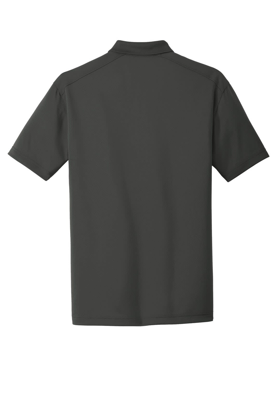 A dark grey lightweight polo shirt with a collar, featuring a logo on the back. Ideal for workwear.