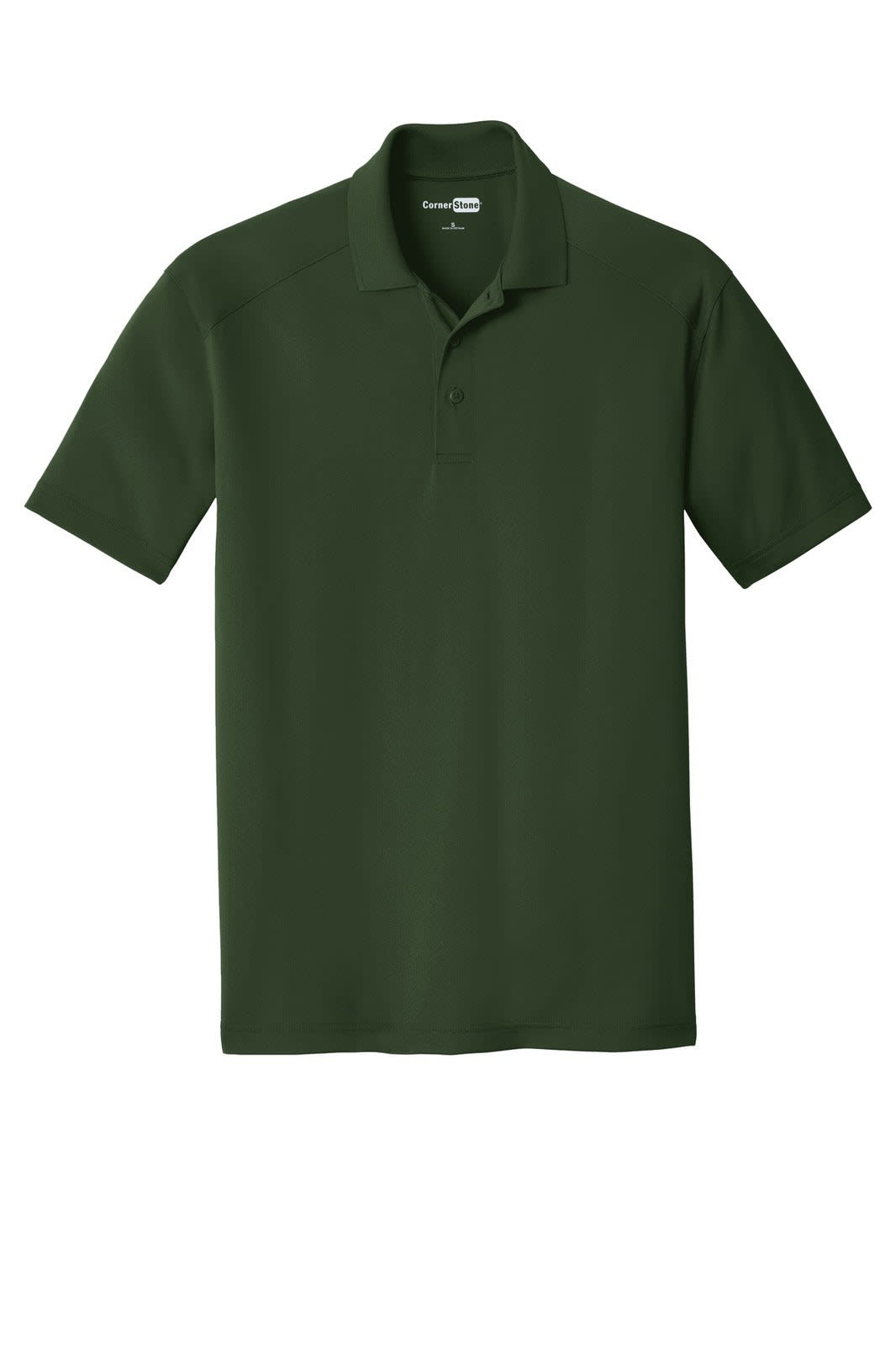 A dark green polo shirt with a classic collar and short sleeves, featuring a logo. Suitable for workwear.