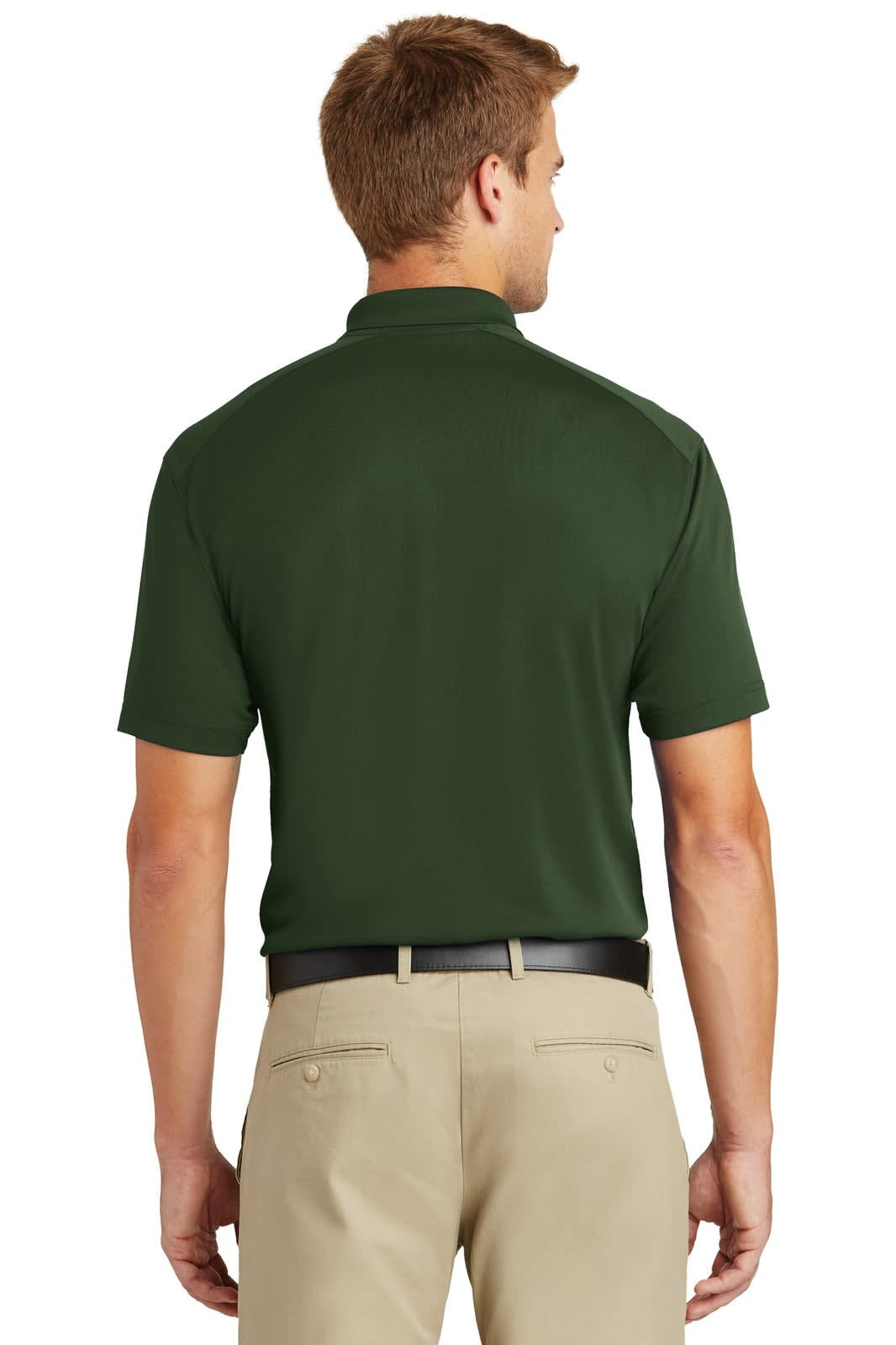 A lightweight, snag-proof polo in dark green, featuring a back view with a collar. Includes a logo detail.