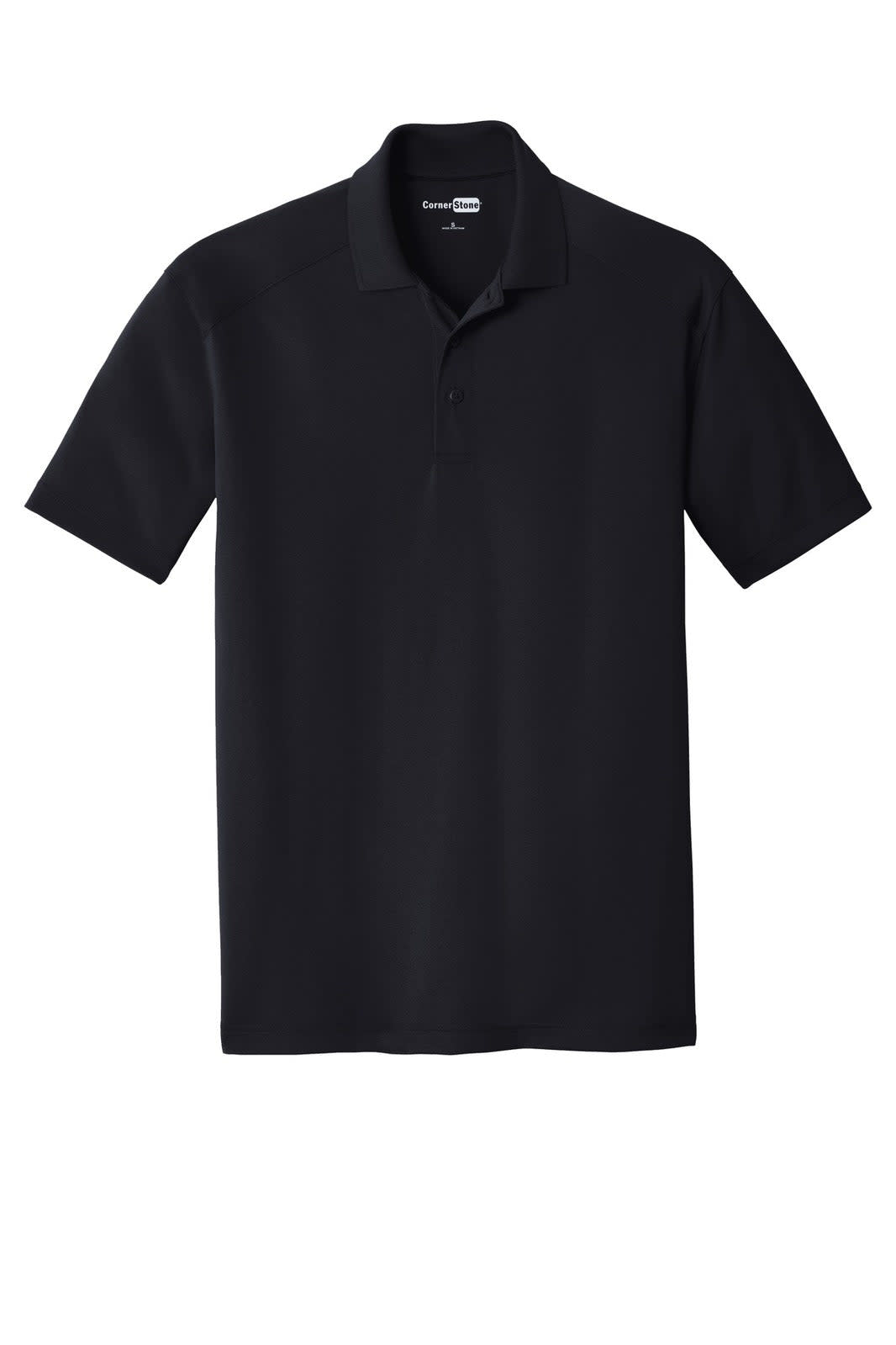 A black lightweight polo shirt with a collar and short sleeves, featuring a logo.