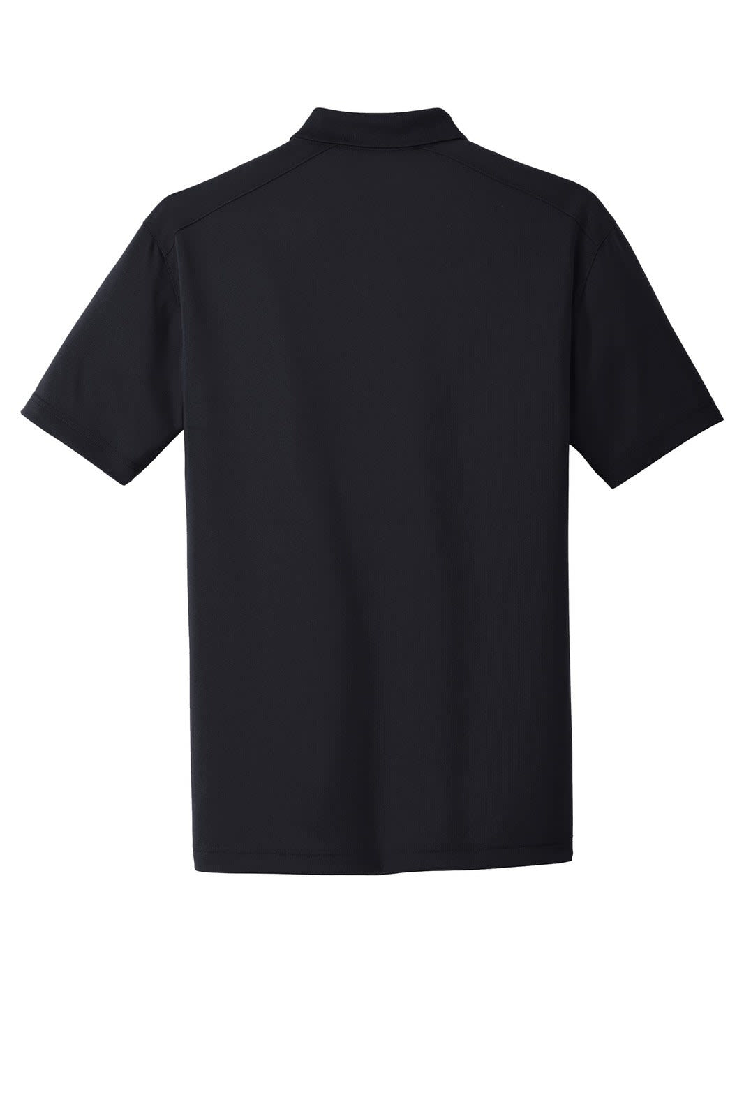 A lightweight, snag-proof polo shirt in black with a collar and short sleeves, featuring a logo.