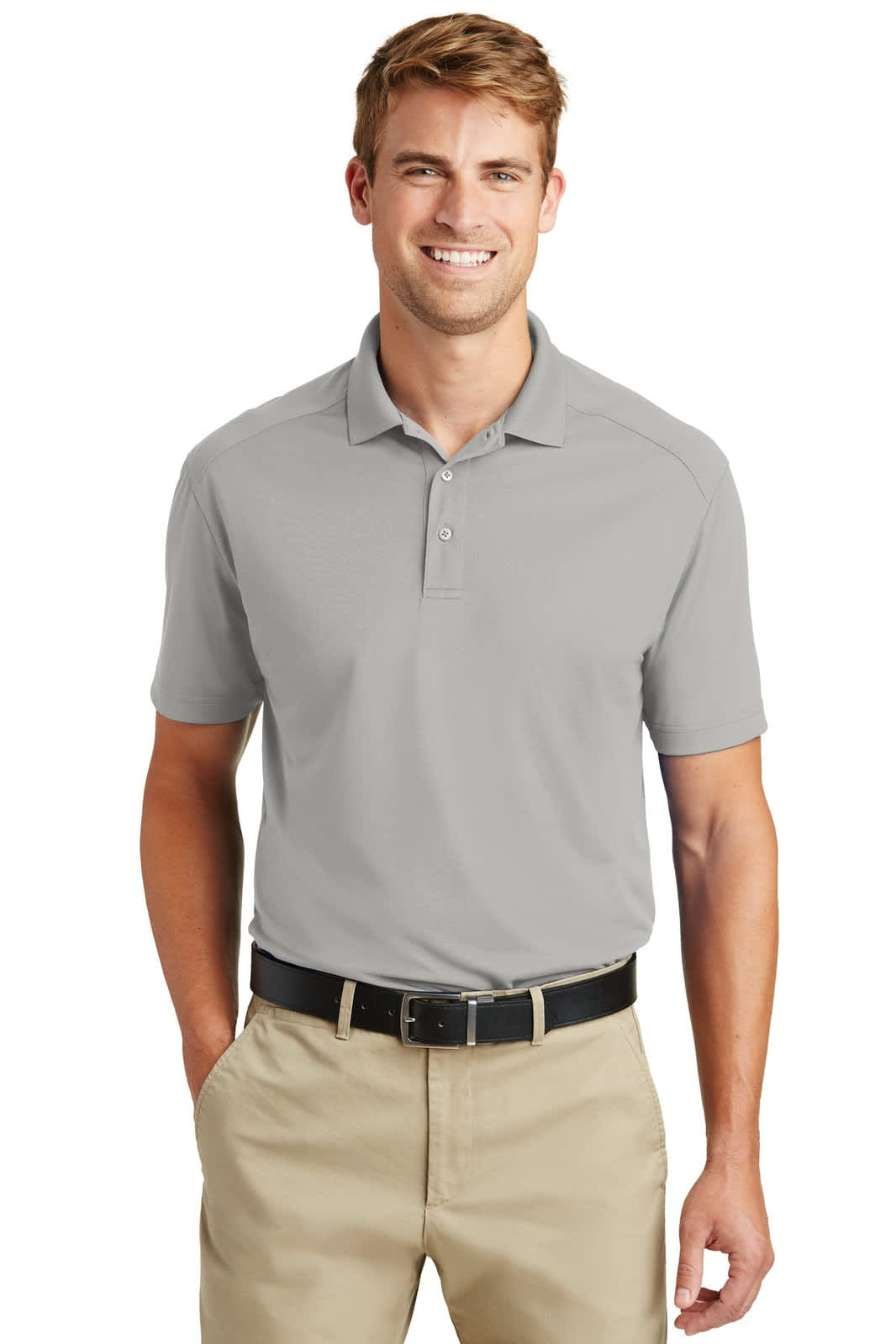 A grey lightweight snag-proof polo shirt worn by a man, featuring a collar and short sleeves. The shirt has a logo.