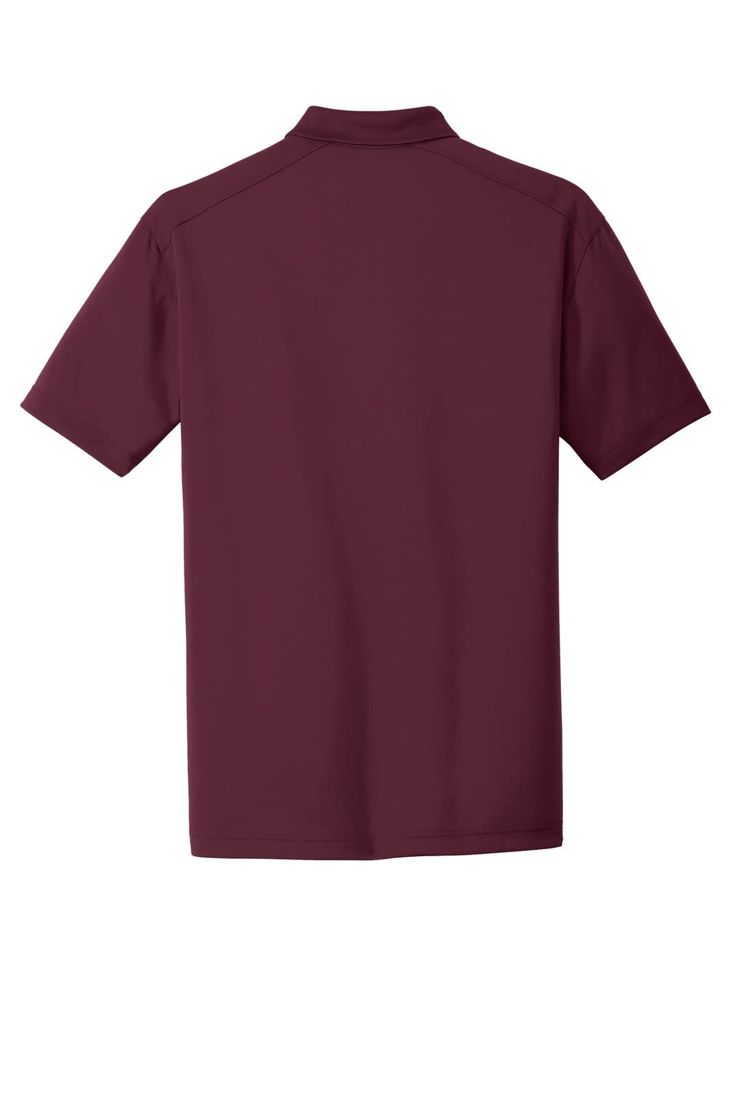 A maroon polo shirt with short sleeves and a collar, featuring a logo on the back.