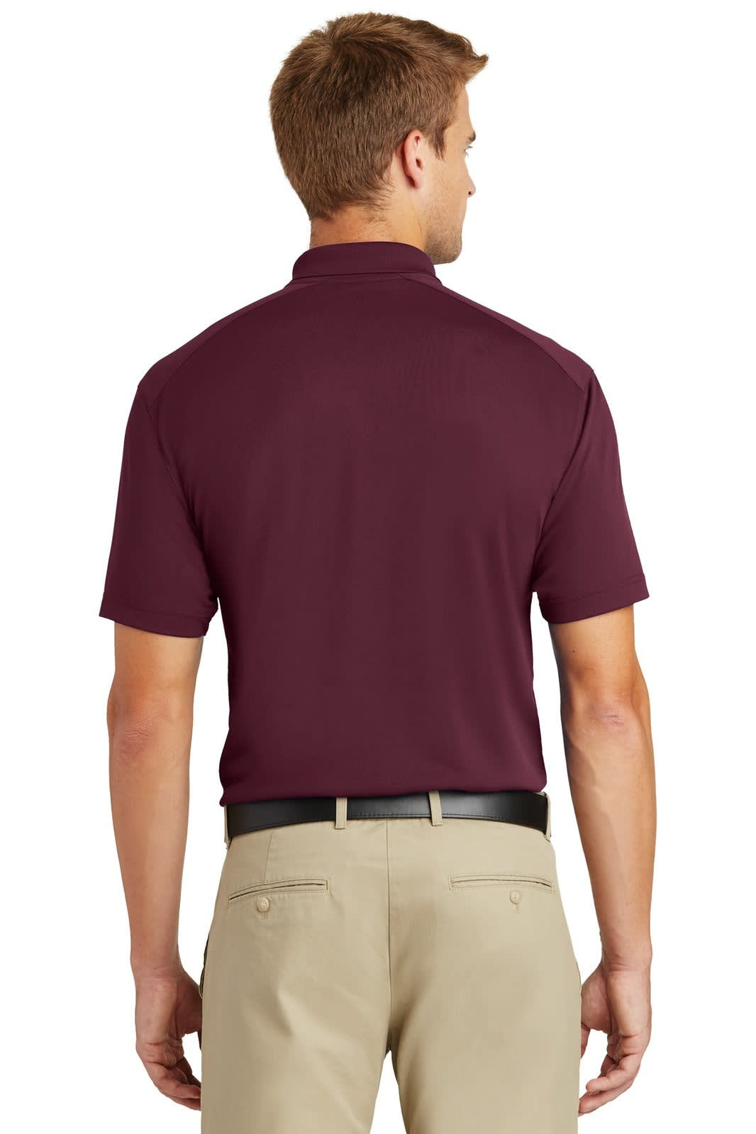 A maroon polo shirt with a short collar, featuring a logo, viewed from the back. The model wears khaki pants.
