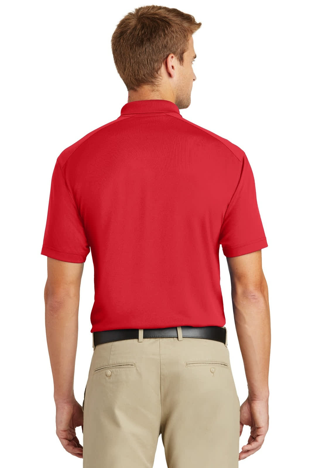 A red lightweight snag-proof polo shirt viewed from the back, featuring a collar and short sleeves.