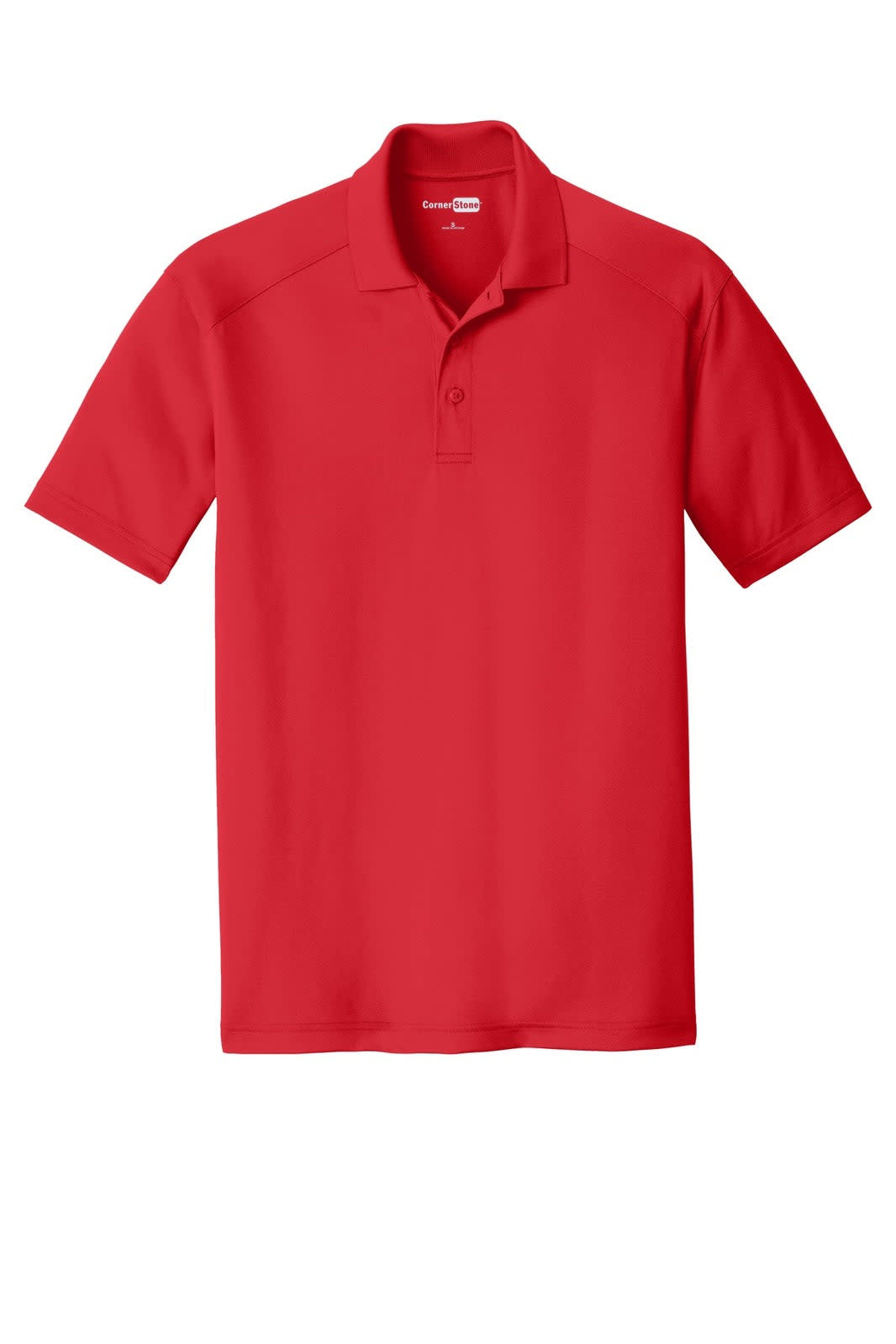 A red lightweight polo shirt with a collar and three buttons, featuring a logo on the chest.