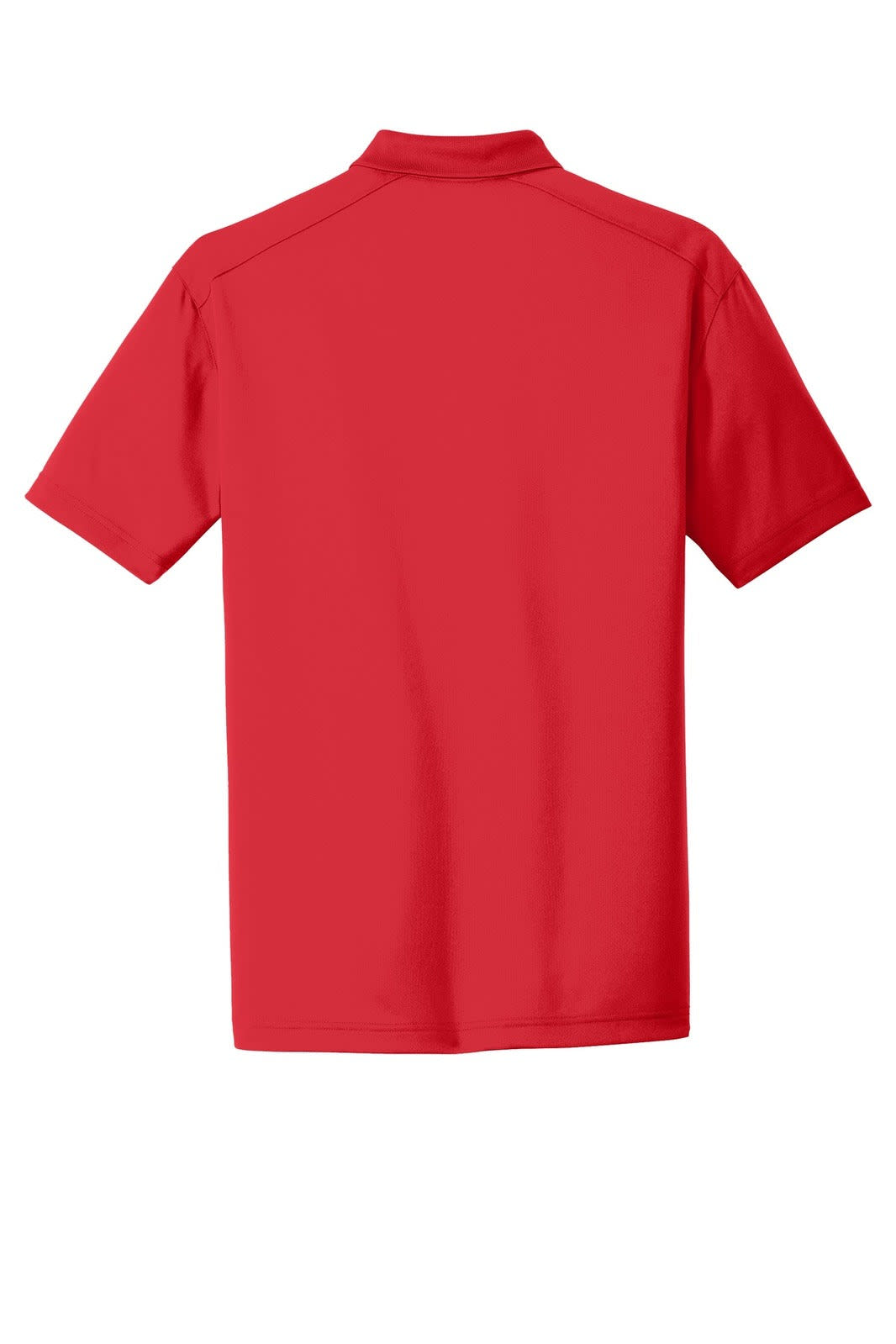 A red polo shirt with a collar and short sleeves, featuring a branding logo. Suitable for workwear.