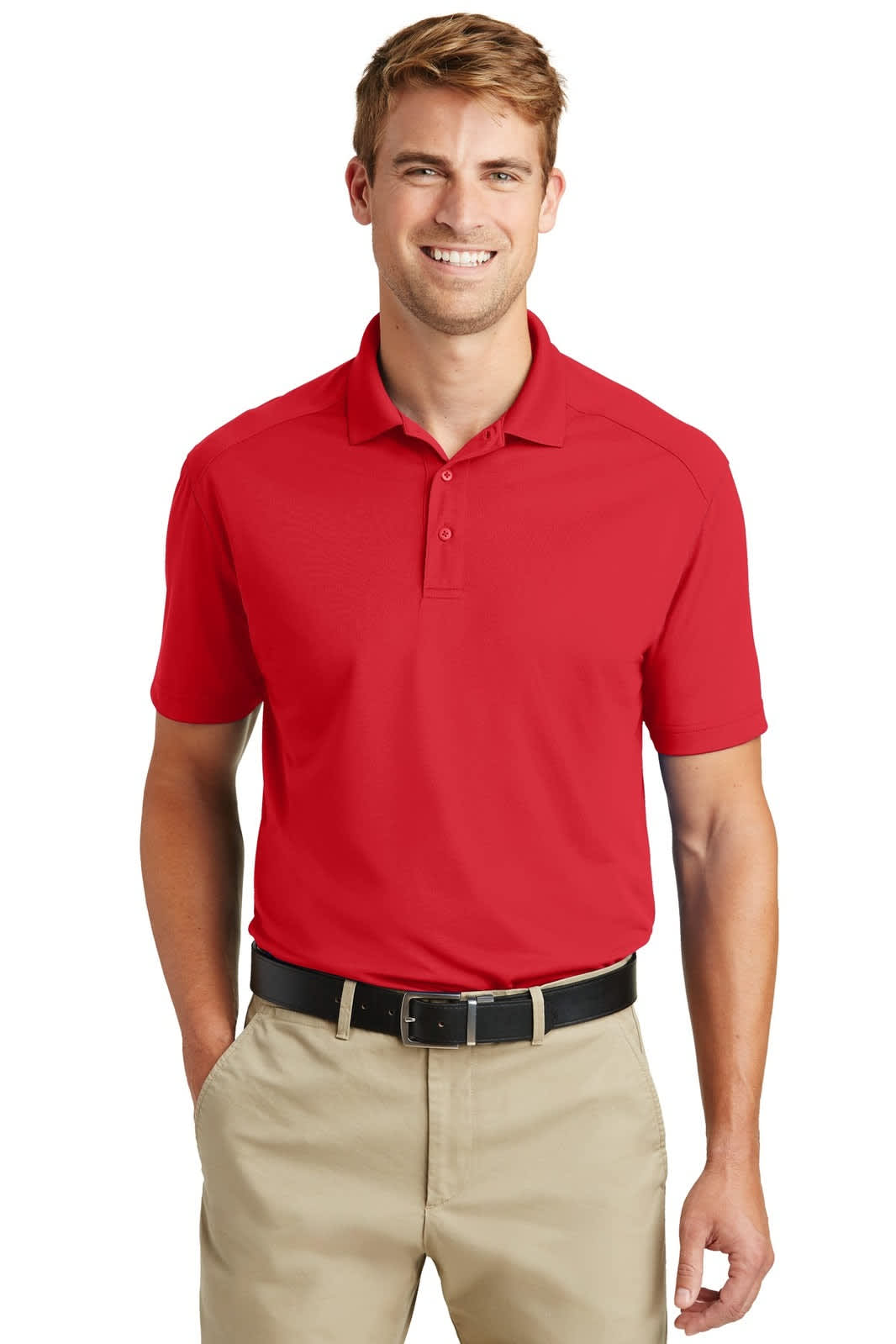 A red lightweight polo shirt, featuring a collar and short sleeves, worn by a smiling model. It has a logo.