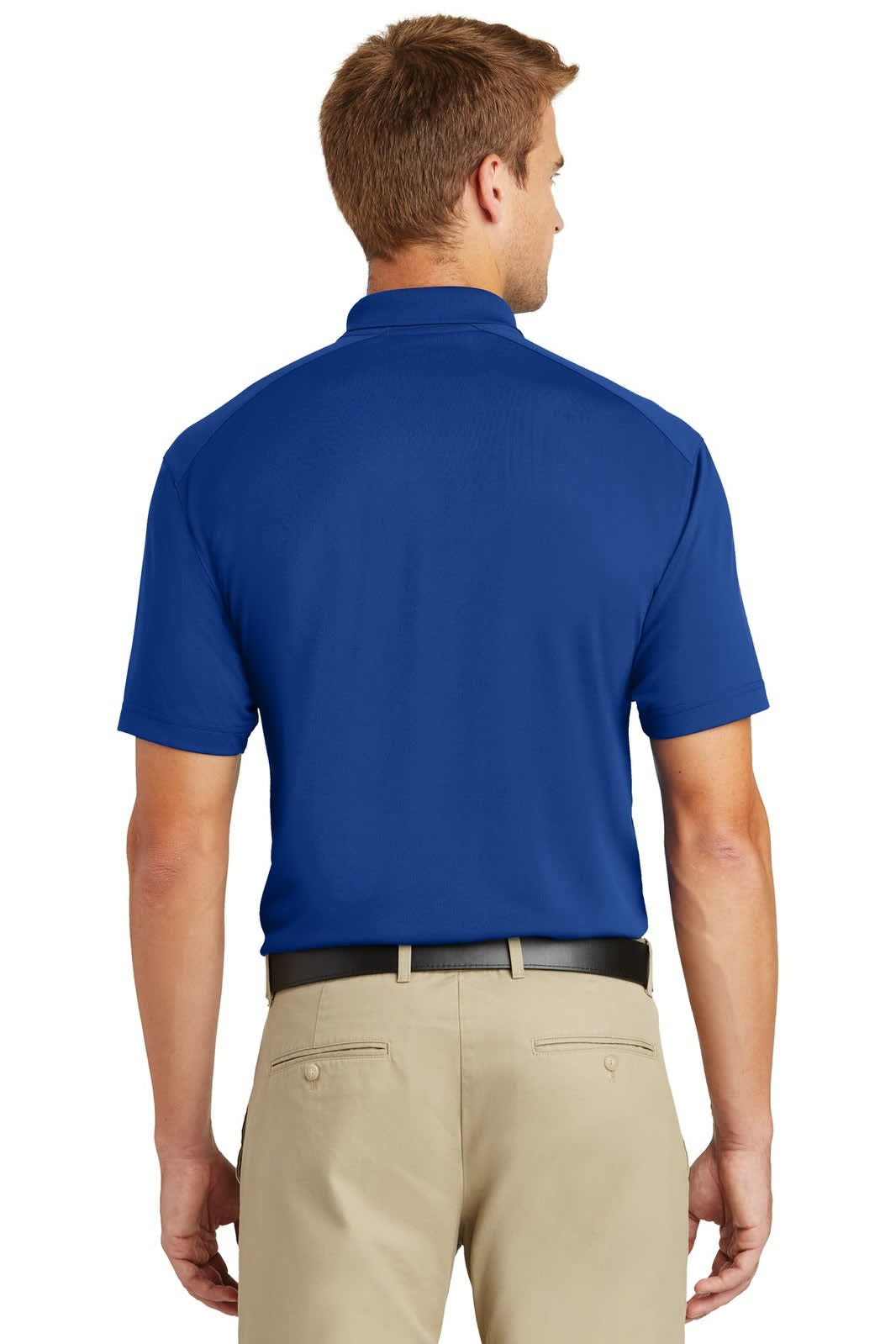 A blue lightweight polo shirt featuring a collar and short sleeves, viewed from the back. It includes a logo.