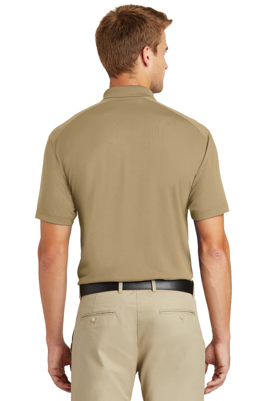 A lightweight, snag-proof polo shirt in a neutral tan colour, featuring a back view of a man wearing it.