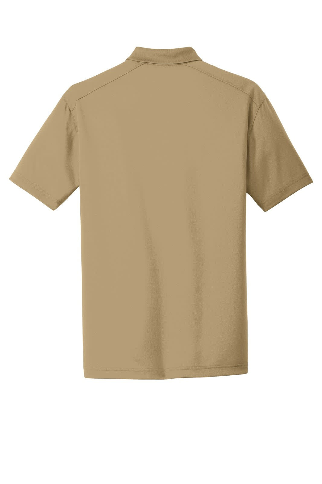 A lightweight, snag-proof polo in a tan colour, featuring a collar and short sleeves, with a logo on the back.