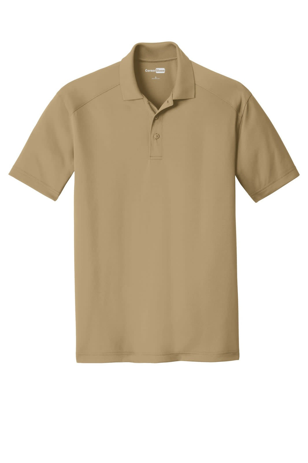 A tan lightweight polo shirt with a collar and three buttons, featuring a logo on the chest.