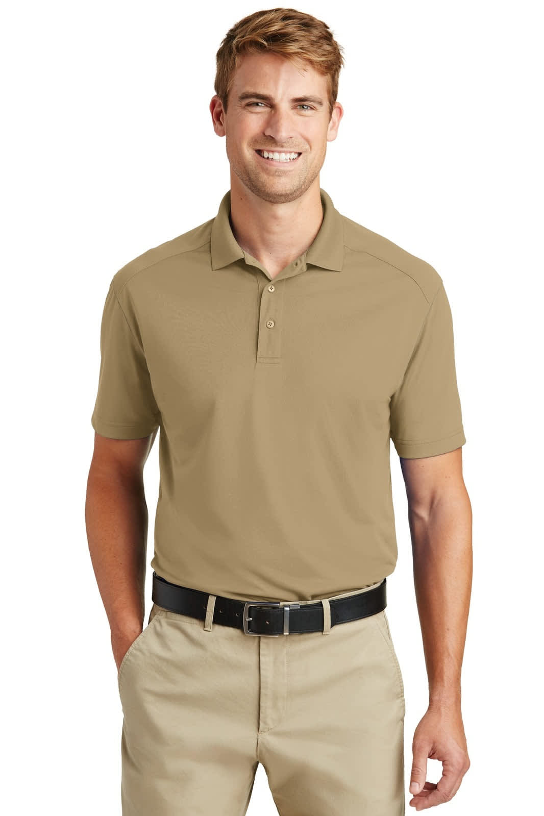 A lightweight, snag-proof polo shirt in khaki, featuring a collar and short sleeves, worn by a smiling man.