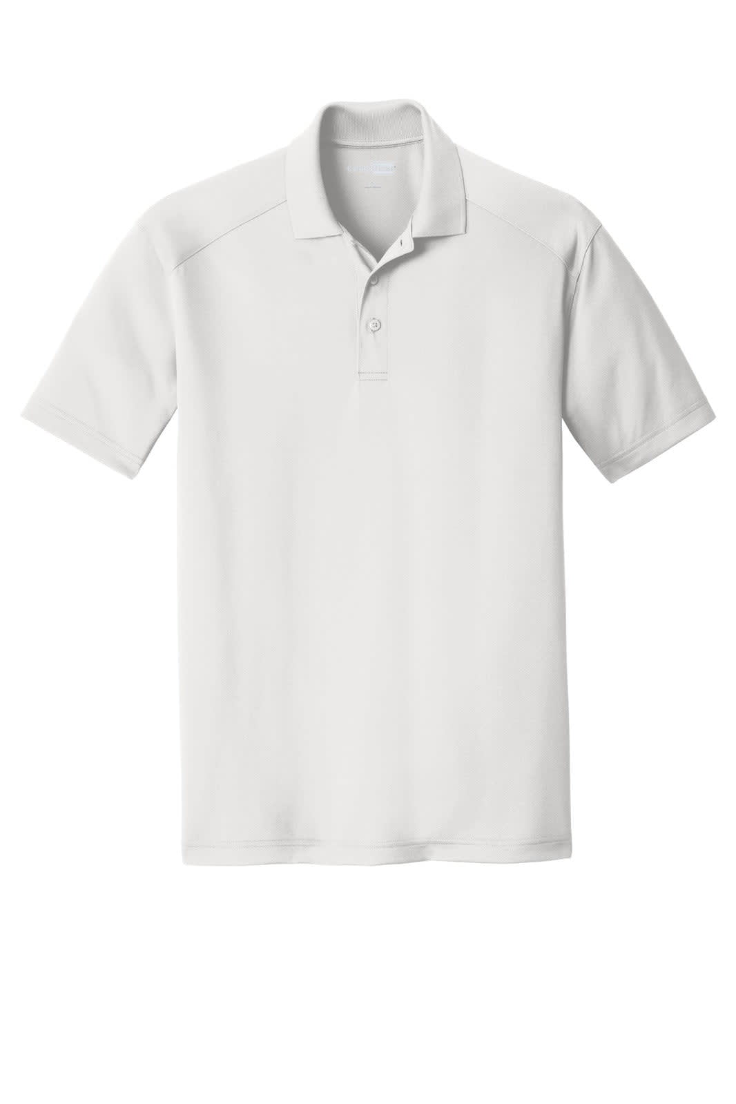 A white lightweight snag-proof polo shirt with a collar and three buttons, featuring a logo.
