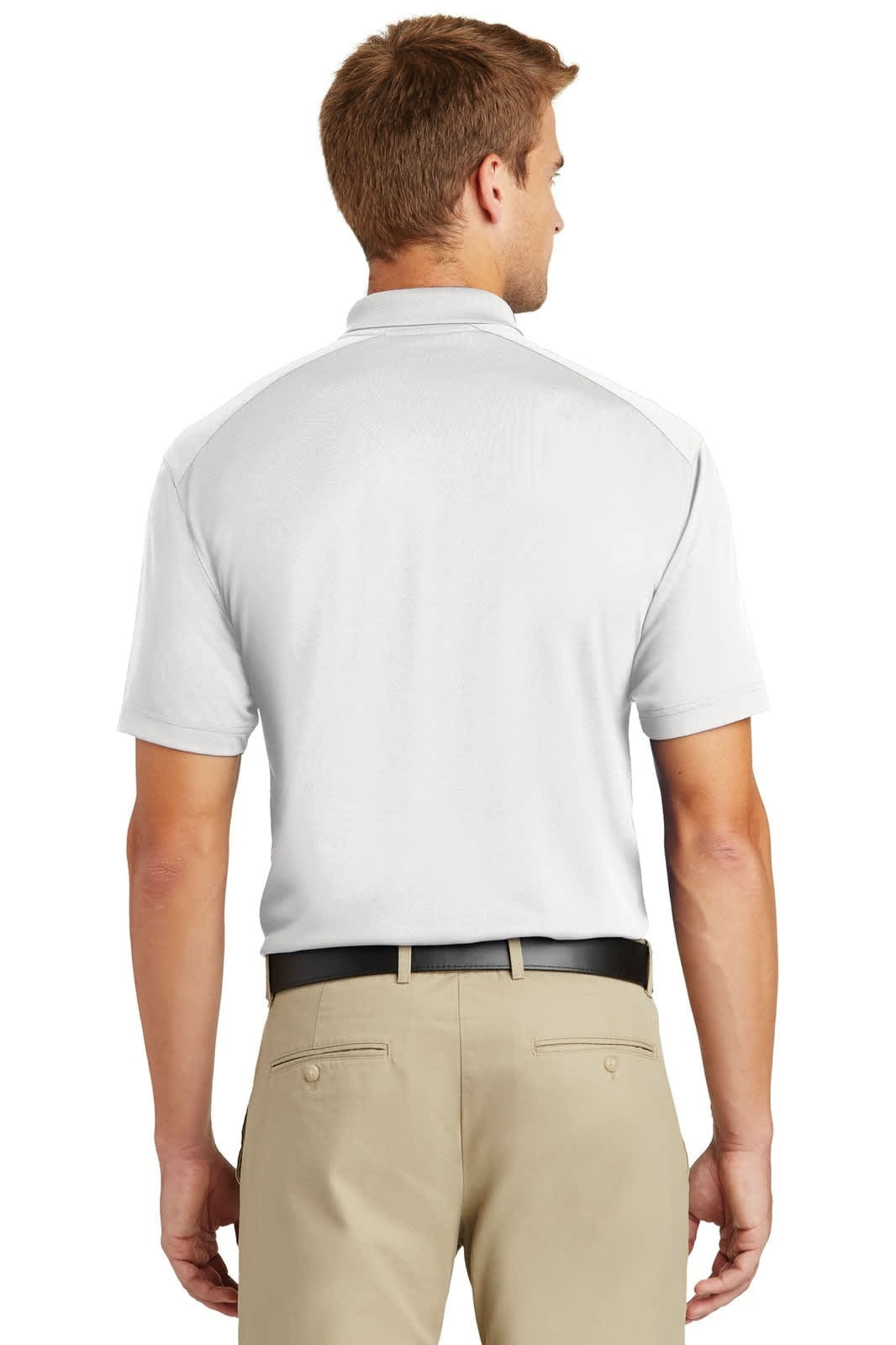 A lightweight snag-proof polo shirt in white, featuring a collar and a logo, worn with beige trousers.