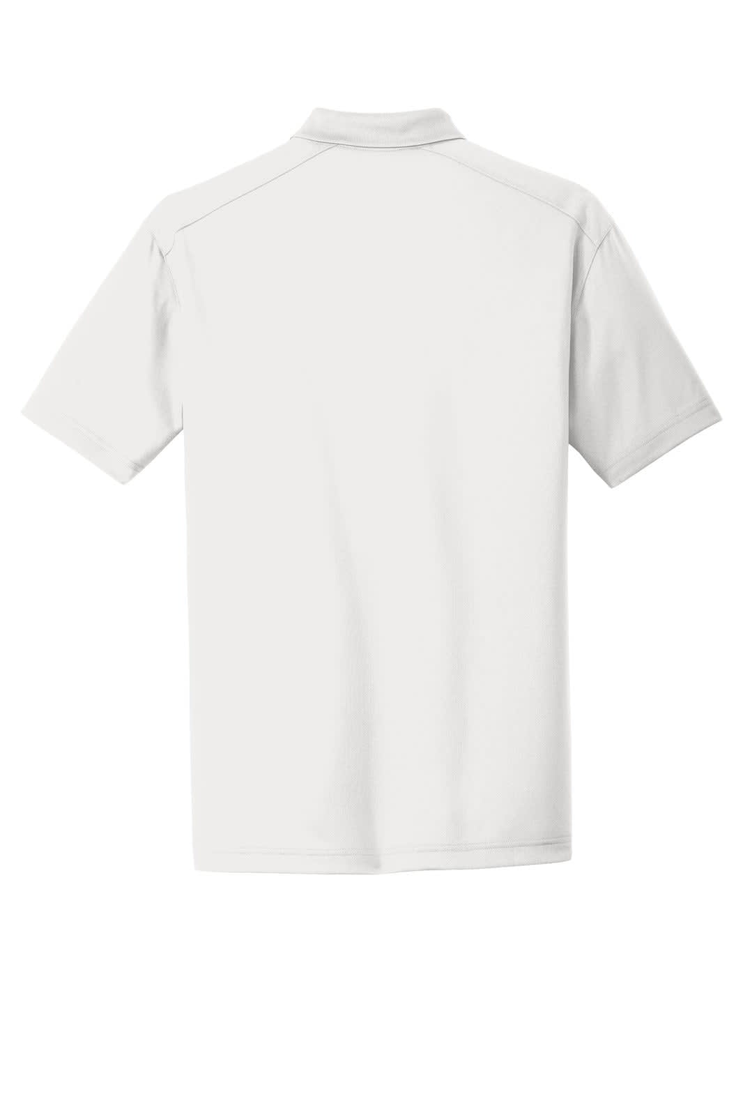 A lightweight, snag-proof polo shirt in white with a collar and short sleeves, featuring a logo.