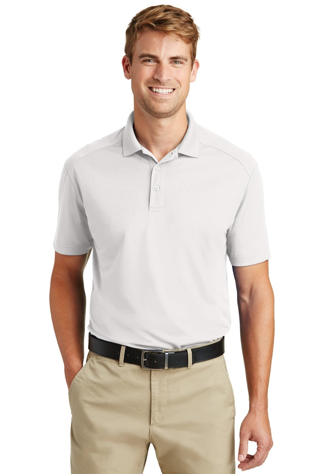 A lightweight, snag-proof polo shirt in light grey, worn by a smiling man with a black belt and khaki trousers.