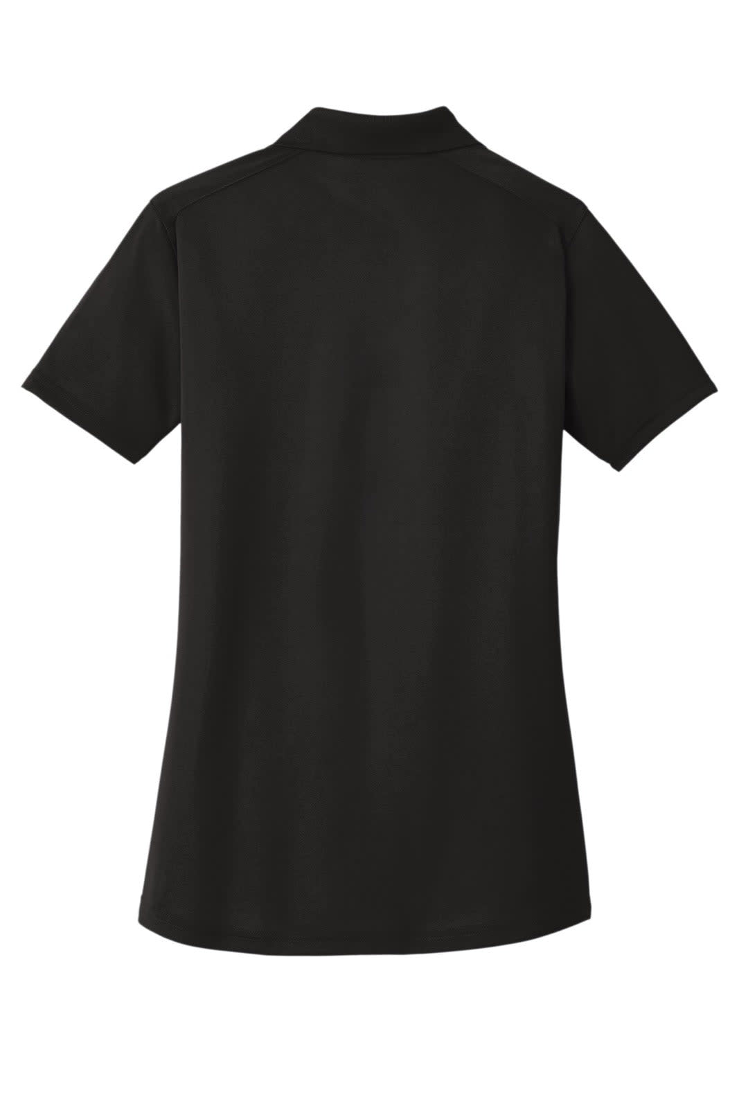 A lightweight, snag-proof black polo shirt for women with a collar and short sleeves. Features a logo on the chest.