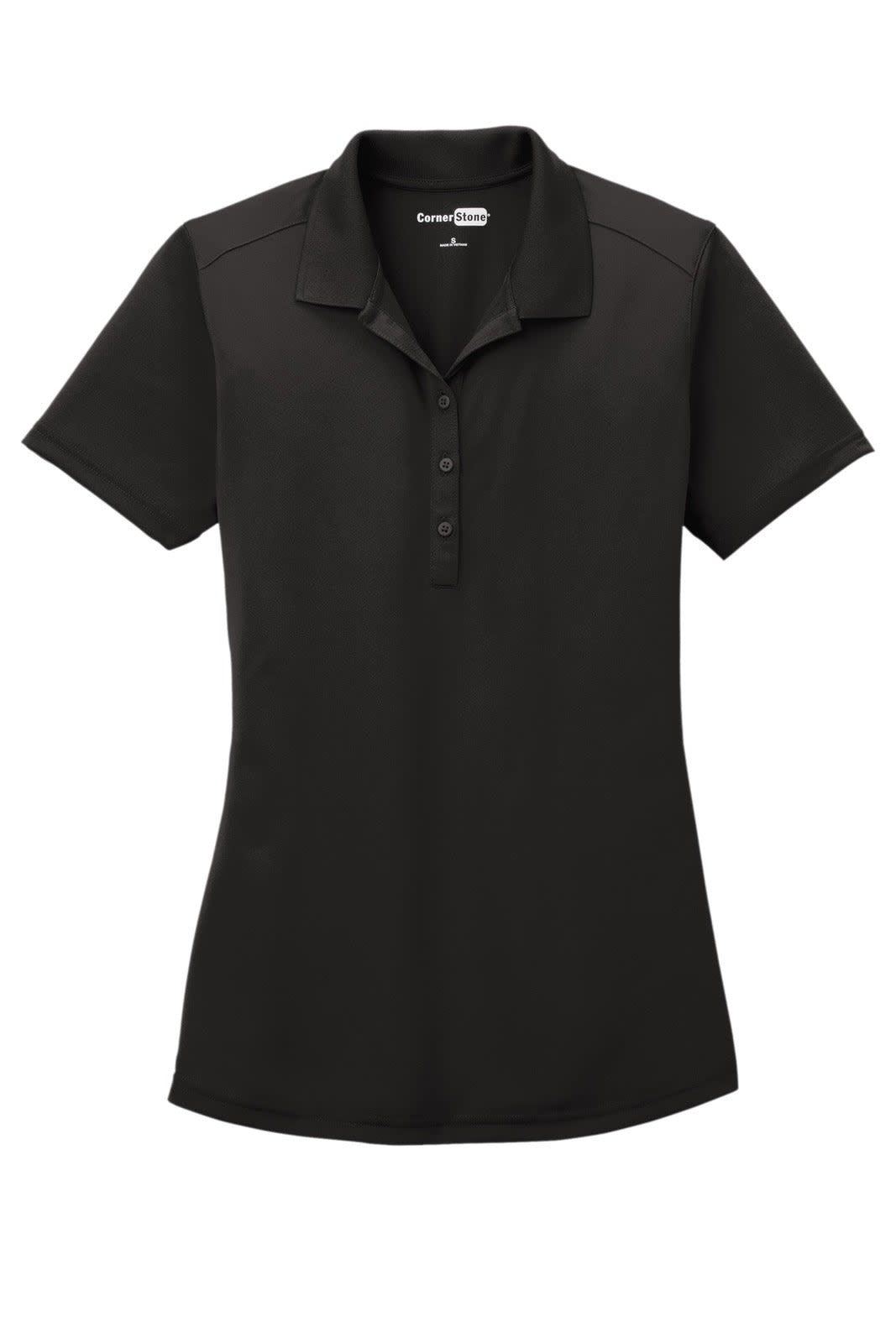 A black lightweight polo shirt with a collar and button placket, featuring a logo on the chest.
