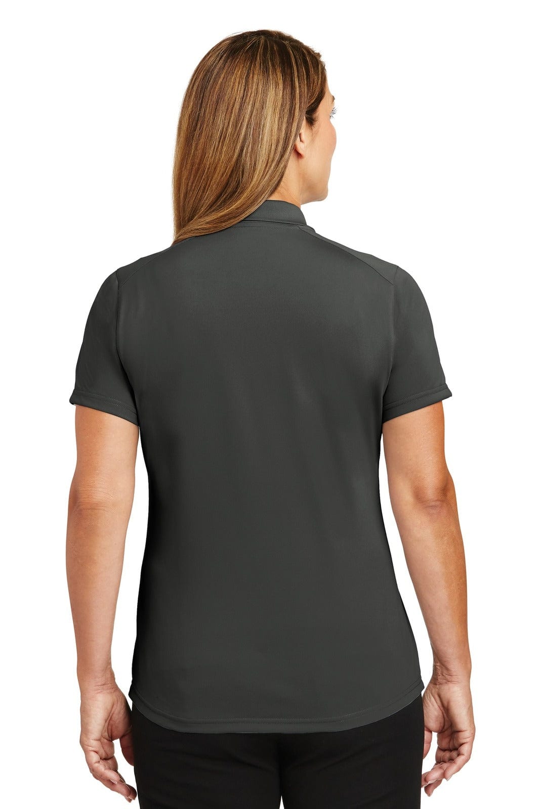 A back view of a dark grey lightweight snag-proof polo shirt, featuring short sleeves and a collar.