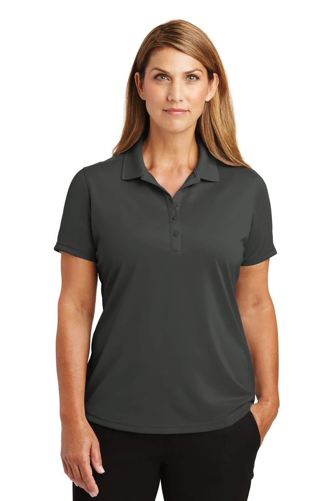 A lightweight, snag-proof polo shirt for women in dark grey, featuring a collar and short sleeves. Includes a logo.