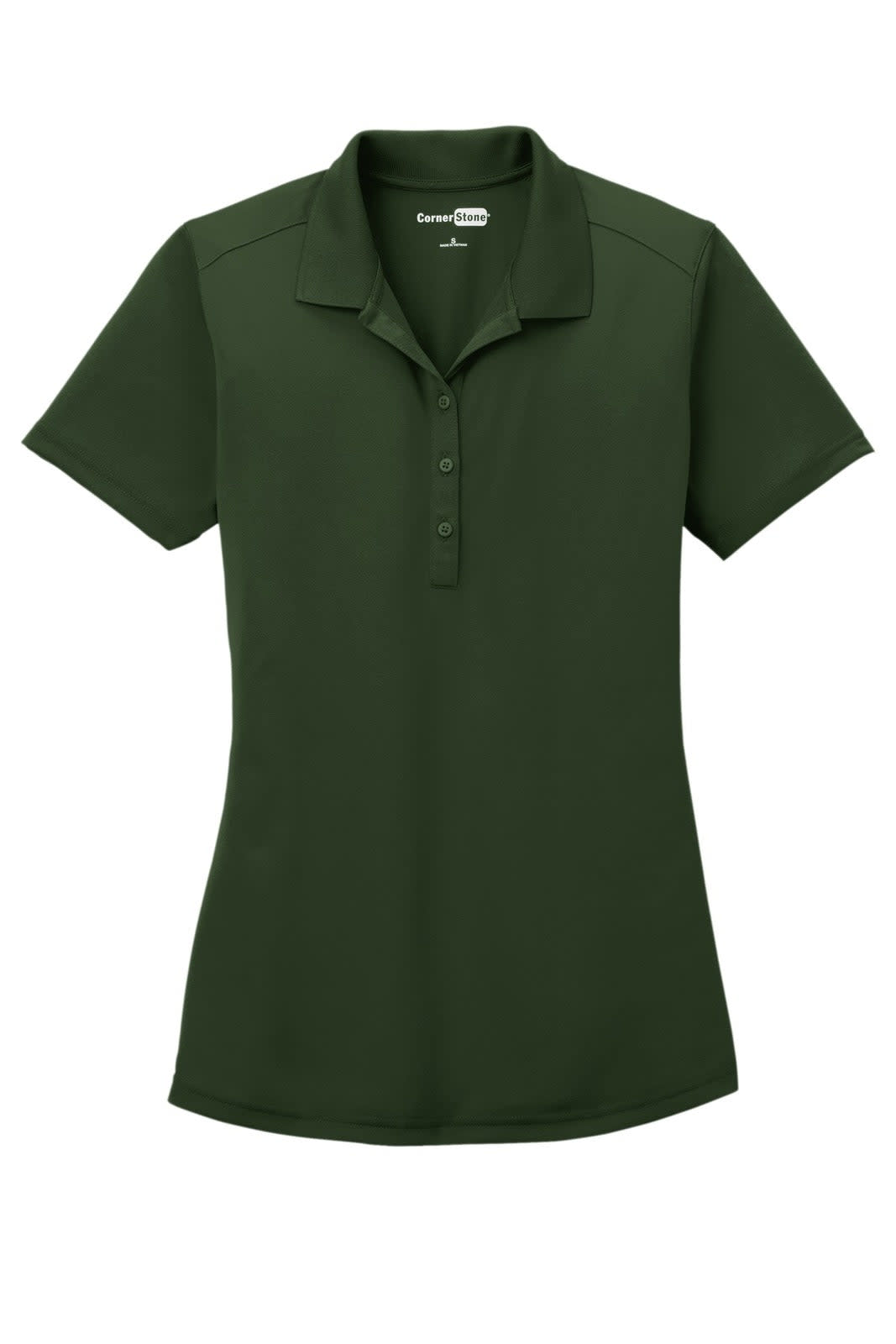 A dark green ladies polo shirt with a collar and buttons, featuring a logo.